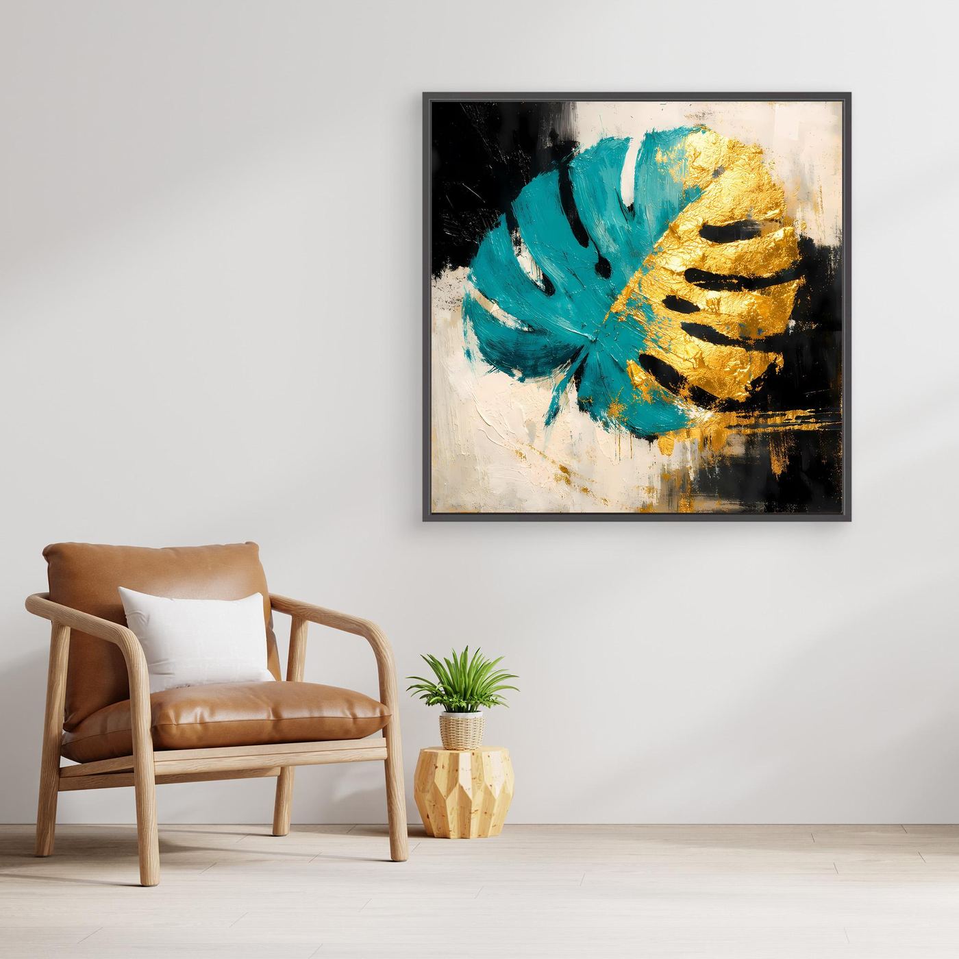 Leinwand Abstraktes Monstera Gemälde in Türkis und Gold | Modernes Botanik Wandbild