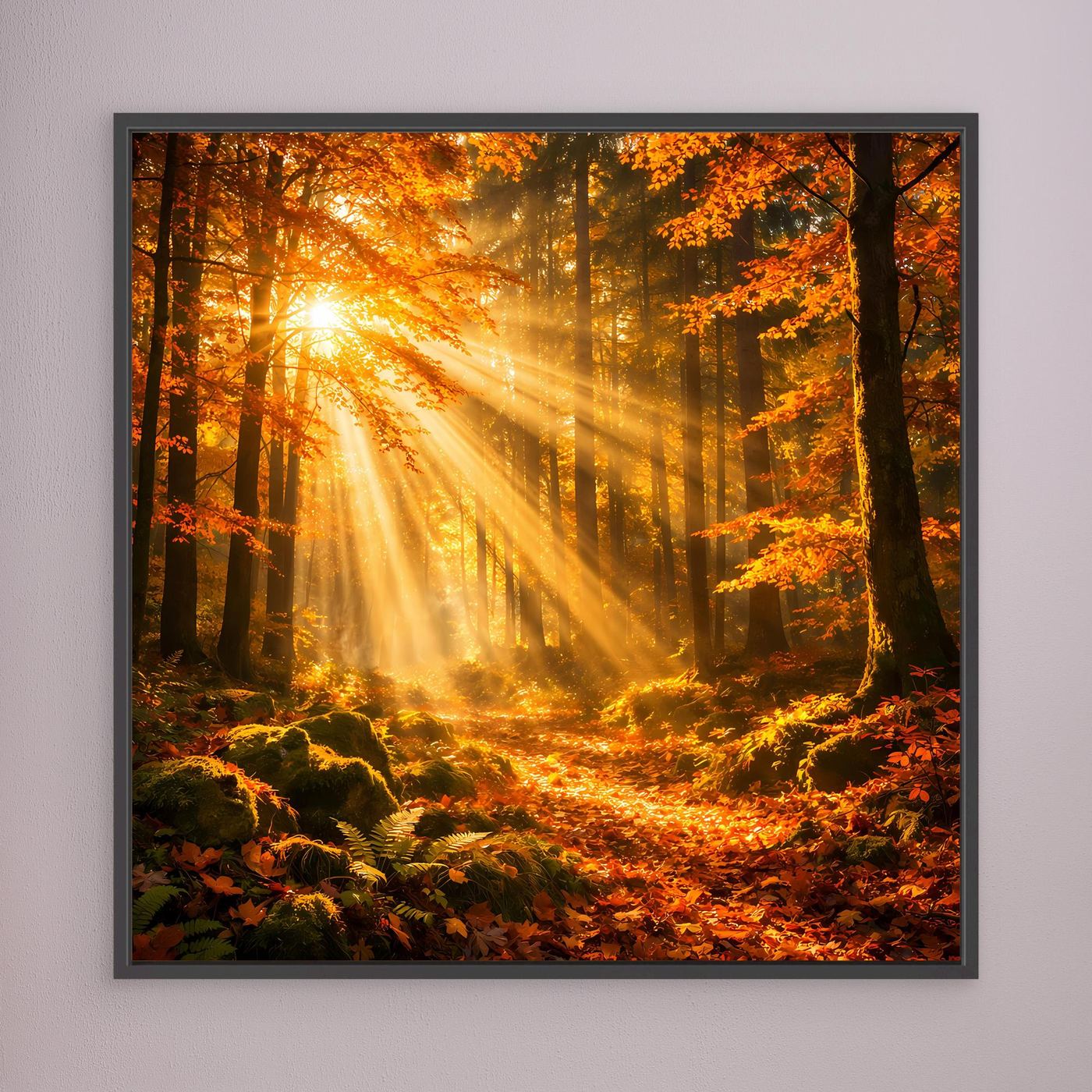 Leinwandbild Herbstwald mit Lichtkegeln, dunkle Baumstämme und leuchtend orangefarbenes Laub