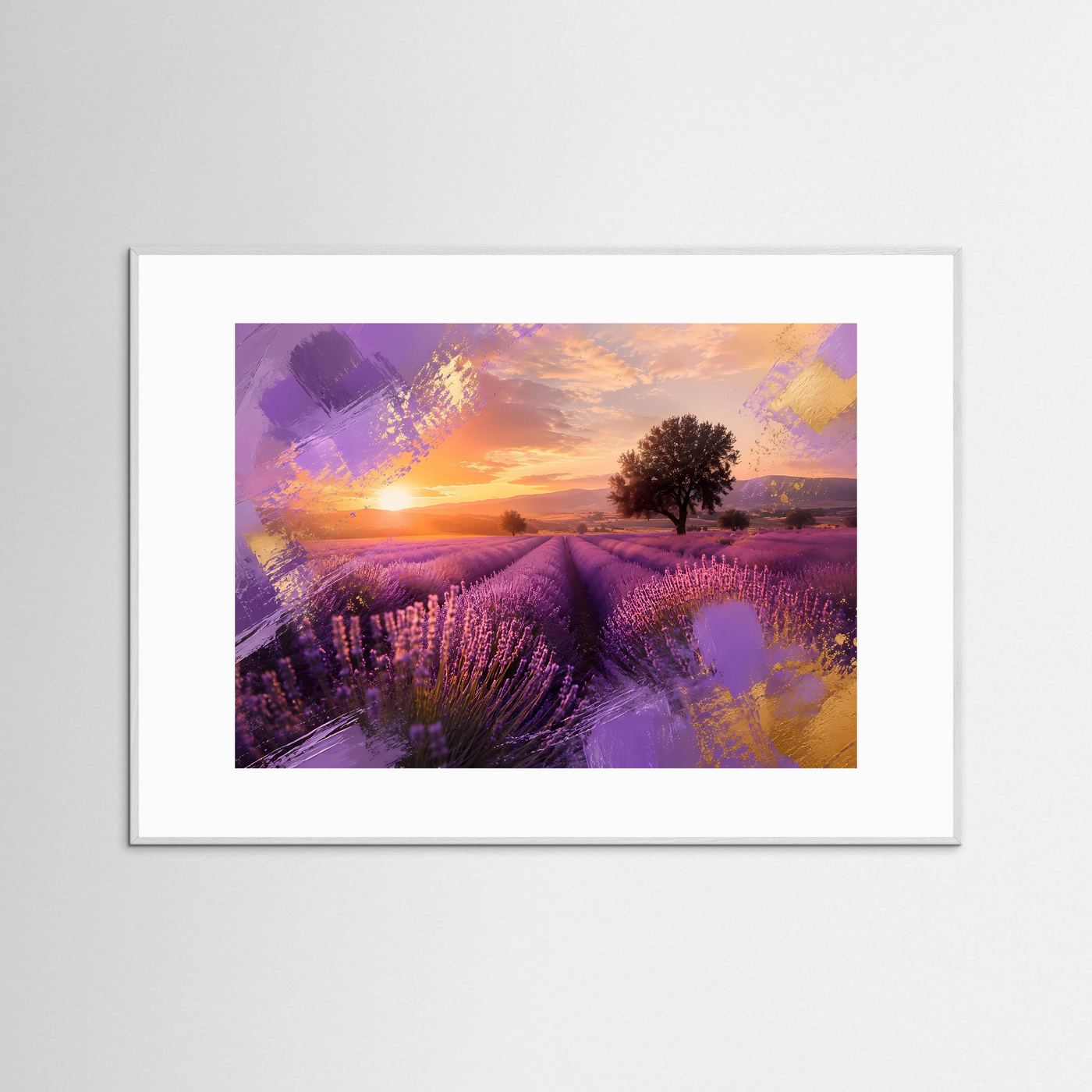 Lavendelfeld Poster Querformat | Provence Sonnenuntergang Wandbild in Violett & Gold | Moderne Landschaftskunst