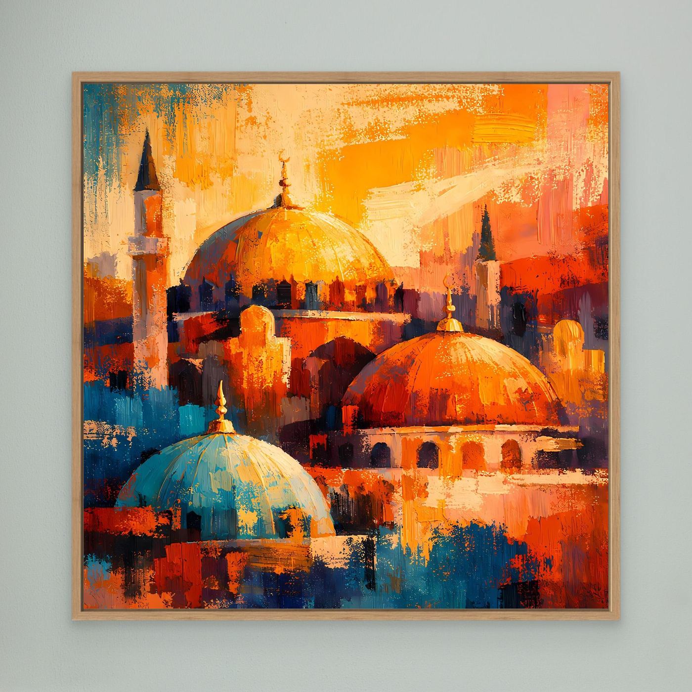 Abstraktes Leinwand-Wandbild mit Moschee, orangefarbene Kuppeln und blaue Kuppel, braun gerahmt