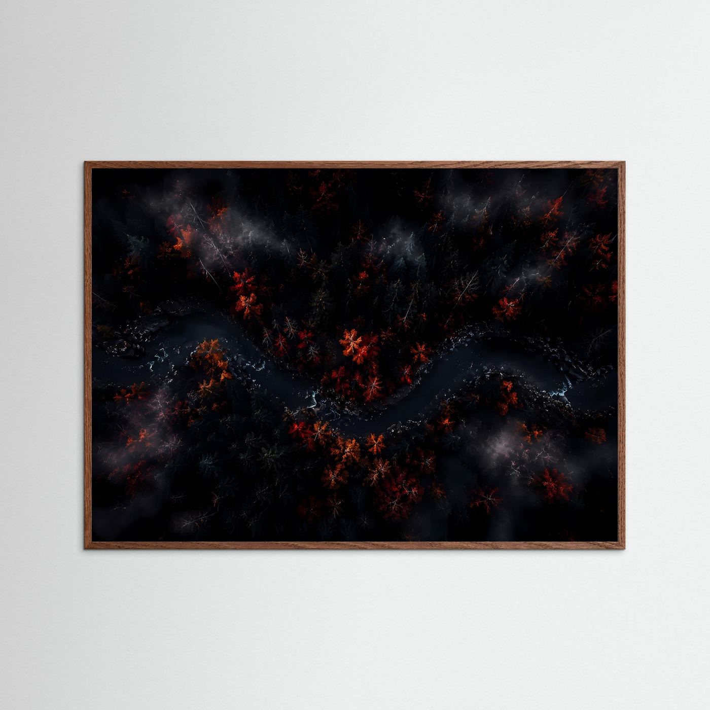 Mystischer Wald aus der Vogelperspektive | Dunkles Herbst Landschaftsbild | Atmosphärische Waldkunst mit Fluss | Modernes Natur Poster | Premium Leinwand