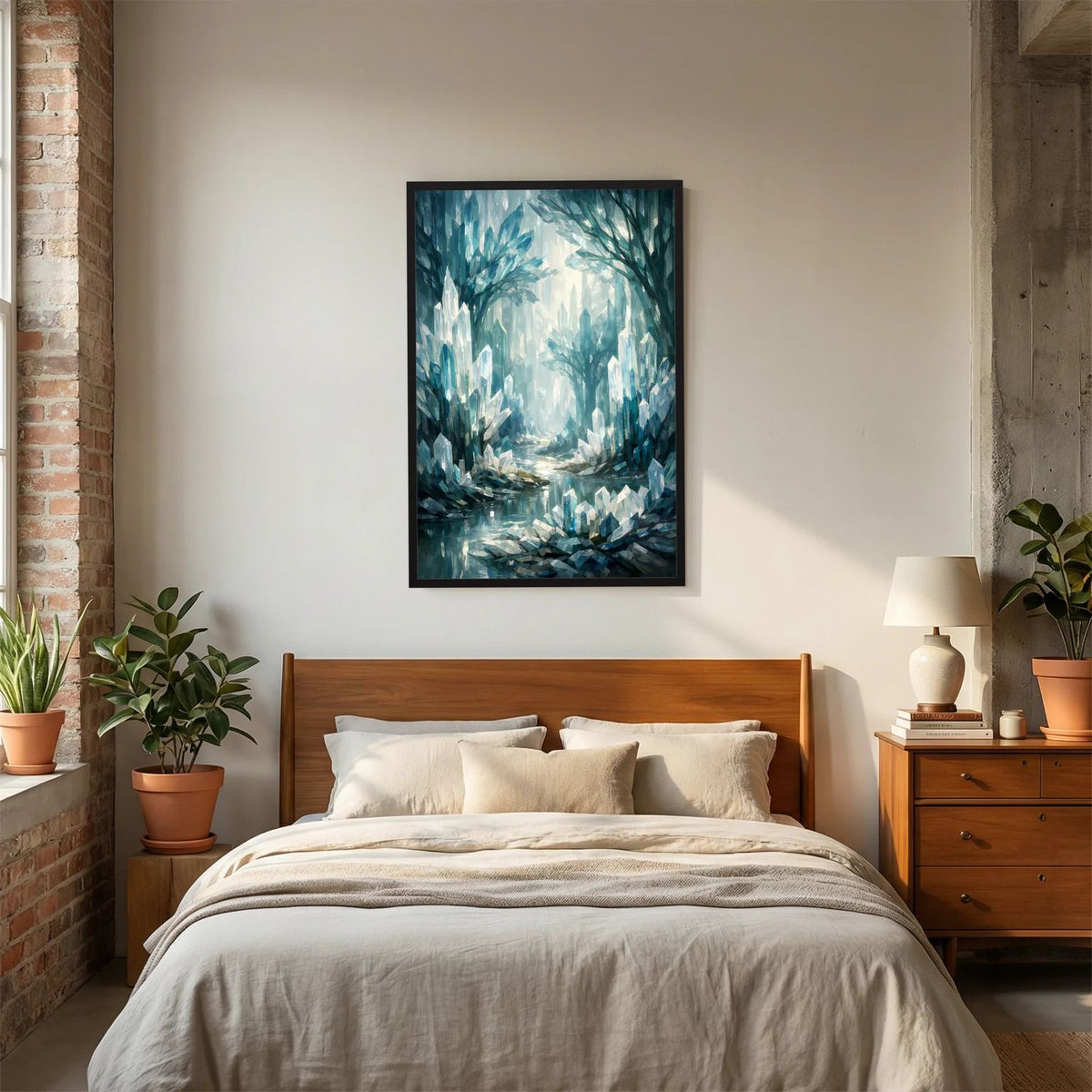Wandbild im schwarzen Rahmen: blauer Kristallwald mit kristallinen Baumspitzen und Wasser