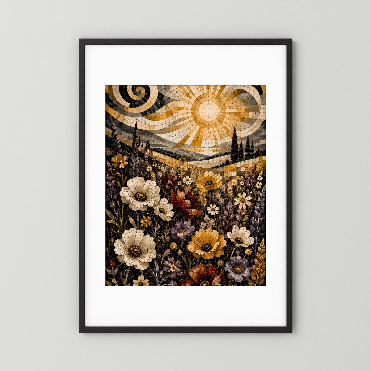 Poster Hochformat mit Mosaikblumen und goldener Sonne, schwarzer Rahmen