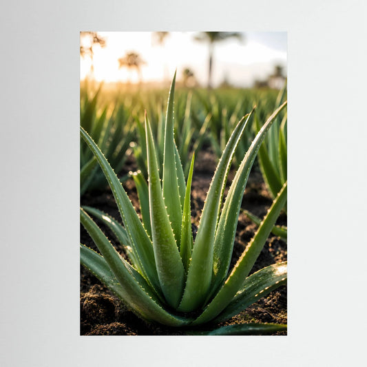 Poster mit Aloe-Vera-Zierpflanze, grünes Blattbündel auf dunkler Erde, Hochformat.