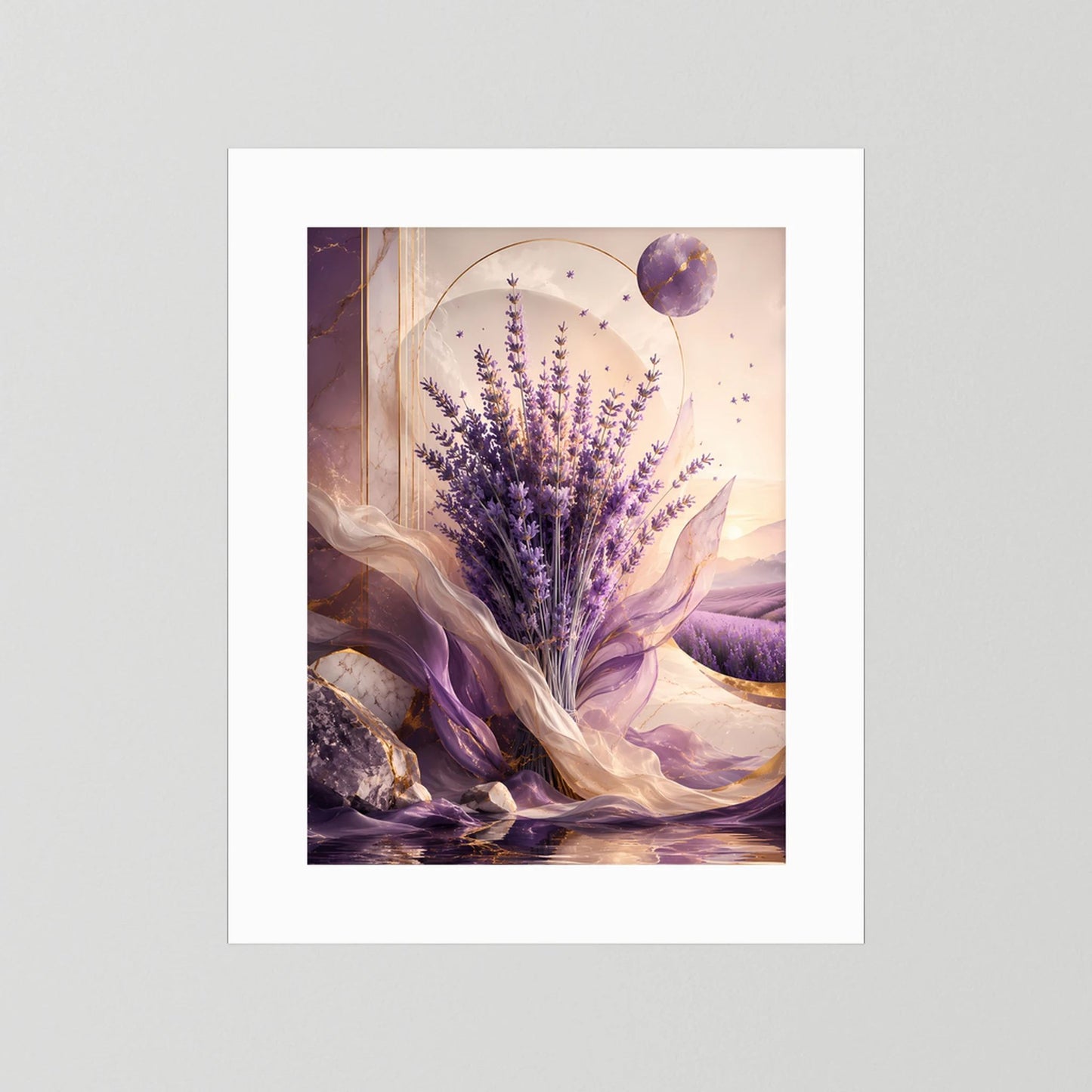 Hochformat-Poster ohne Rahmen: Lavendelblüten in Violett und Gold, mit runder Violettkugel