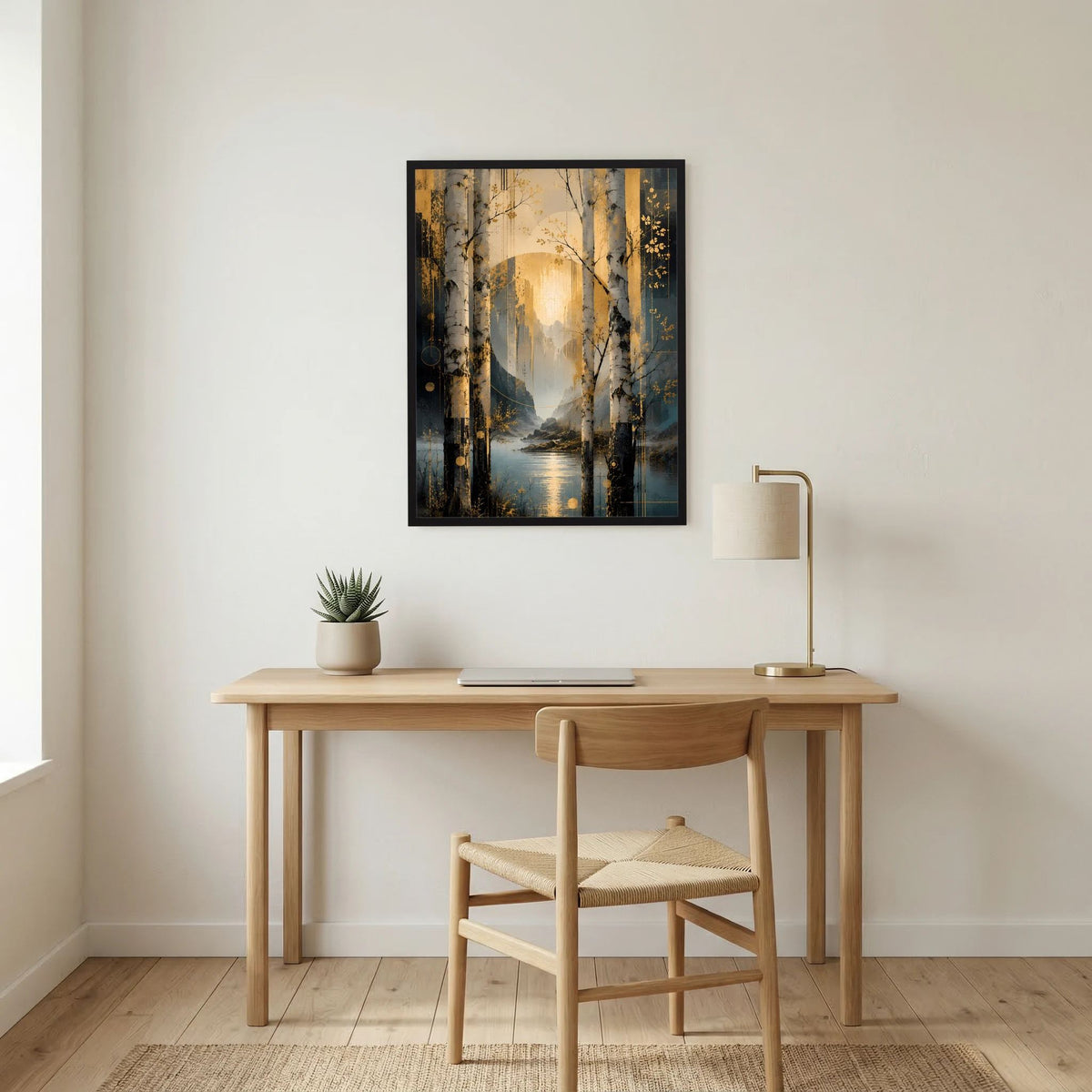 Gerahmtes Hochformat-Poster mit abstraktem Birkenwald, goldem Licht und Petrol-Wasser