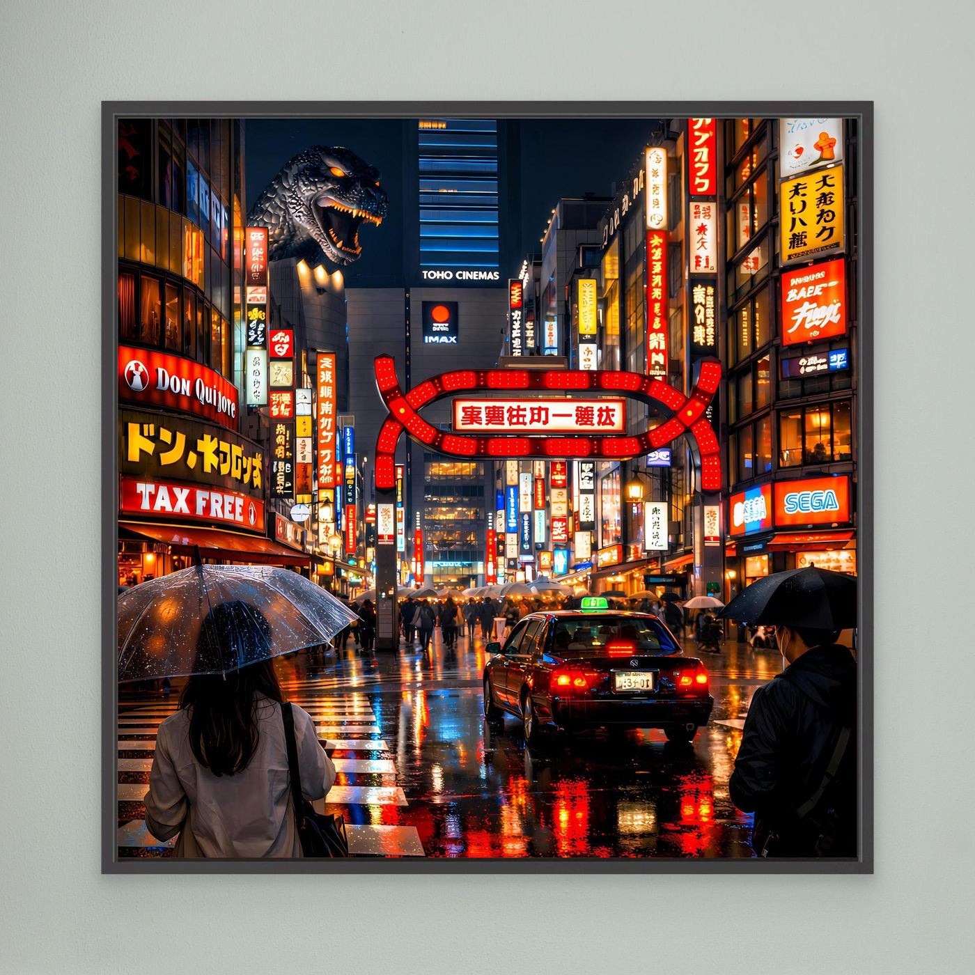 Leinwand Pulsierendes Tokio bei Nacht | Urbanes Kabukicho Kaiju Wandbild