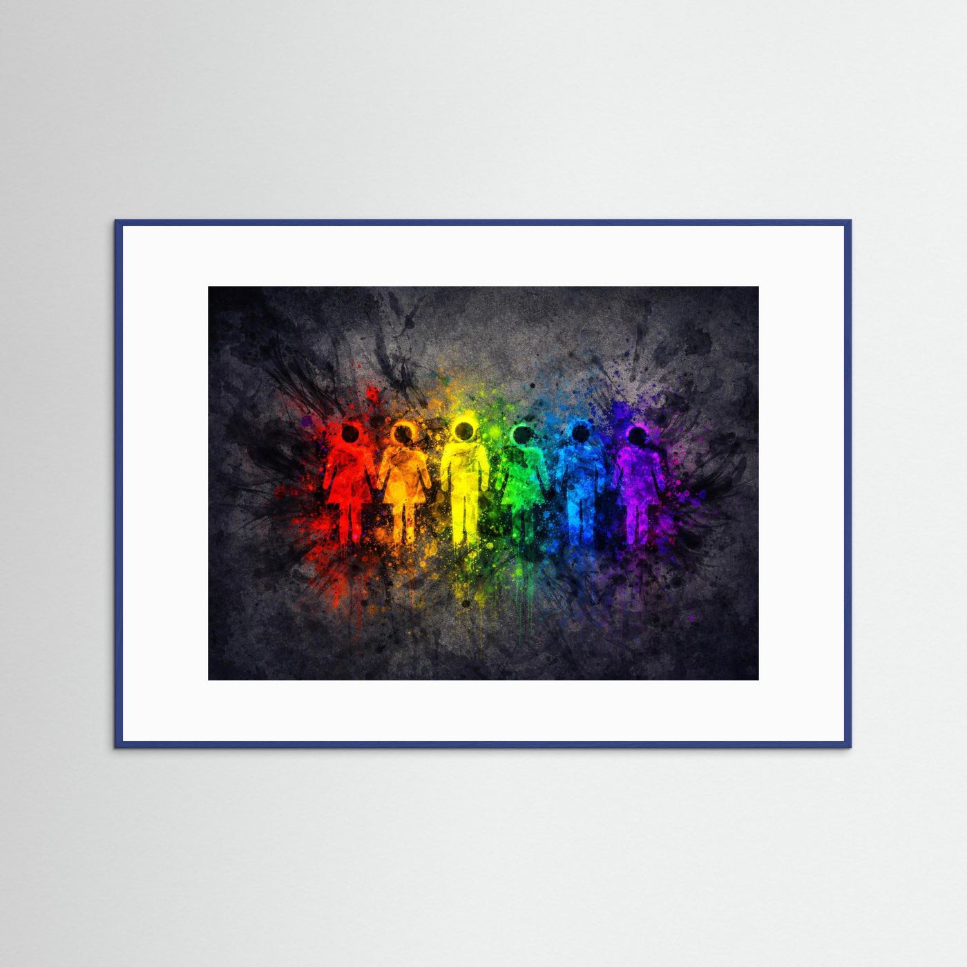Poster mit Regenbogen-Menschen-Silhouetten, blauer Rahmen