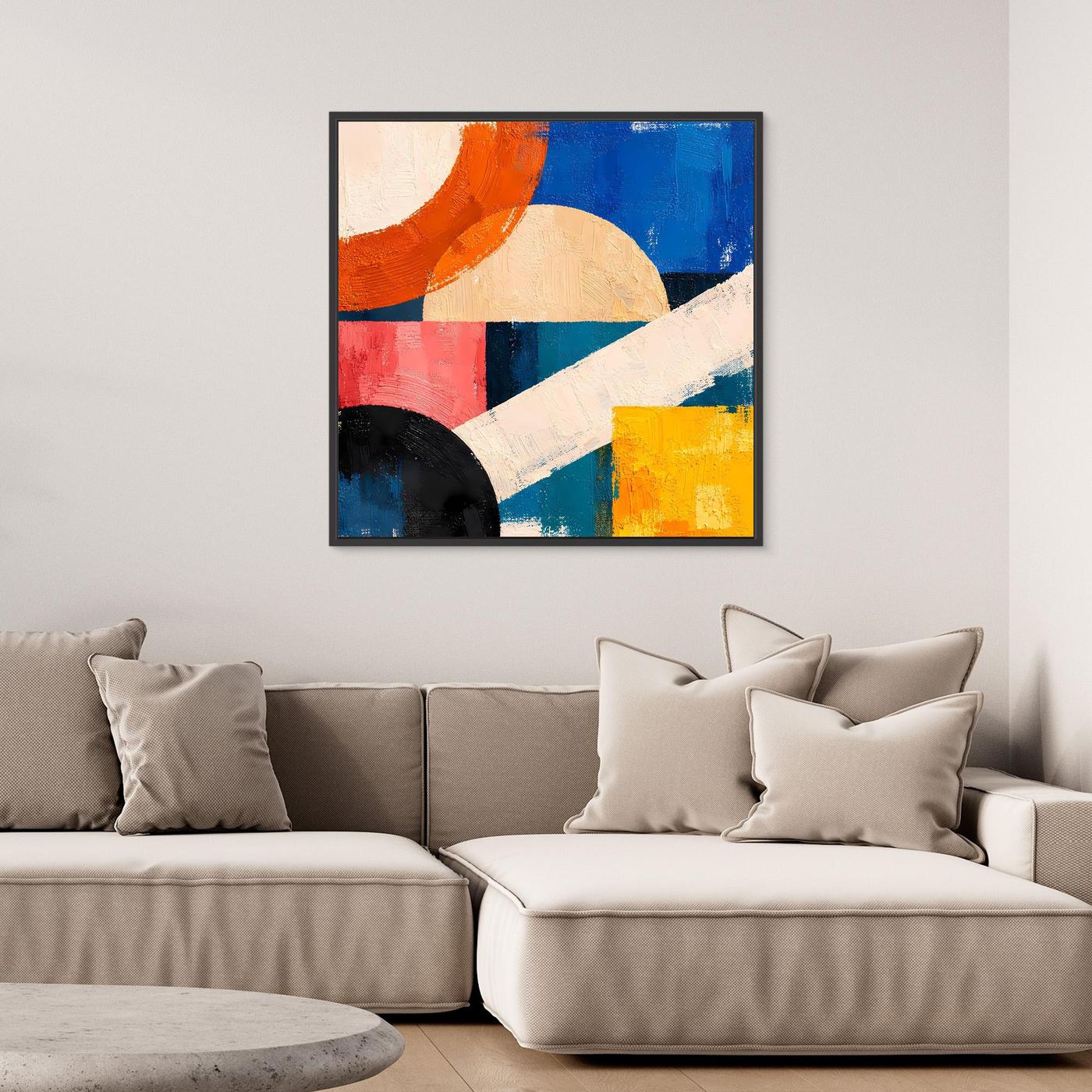 Framed abstract geometric canvas wall art with blue, orange and red blocks plus white stripe