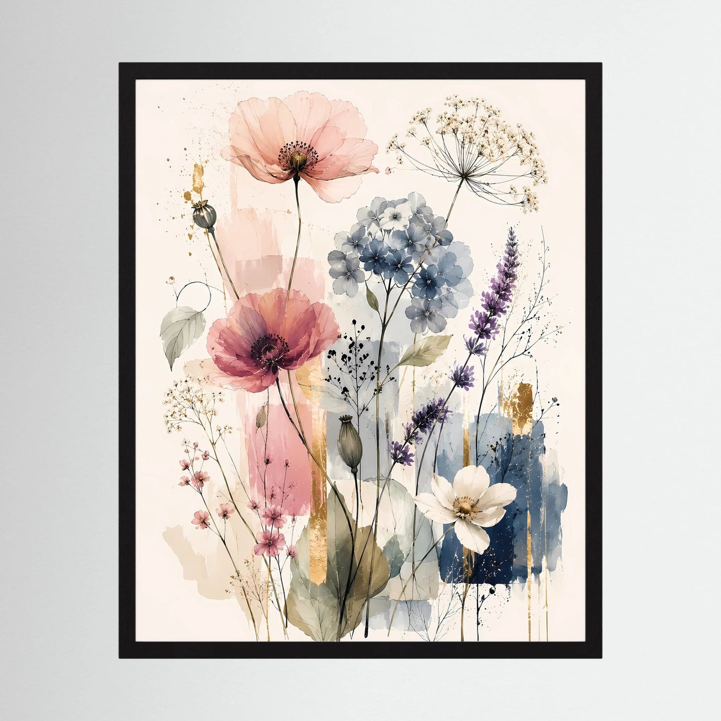 Hochformatiges Kunstposter mit Wildblumen in Pastellrosa und Hellblau, schwarzer Rahmen