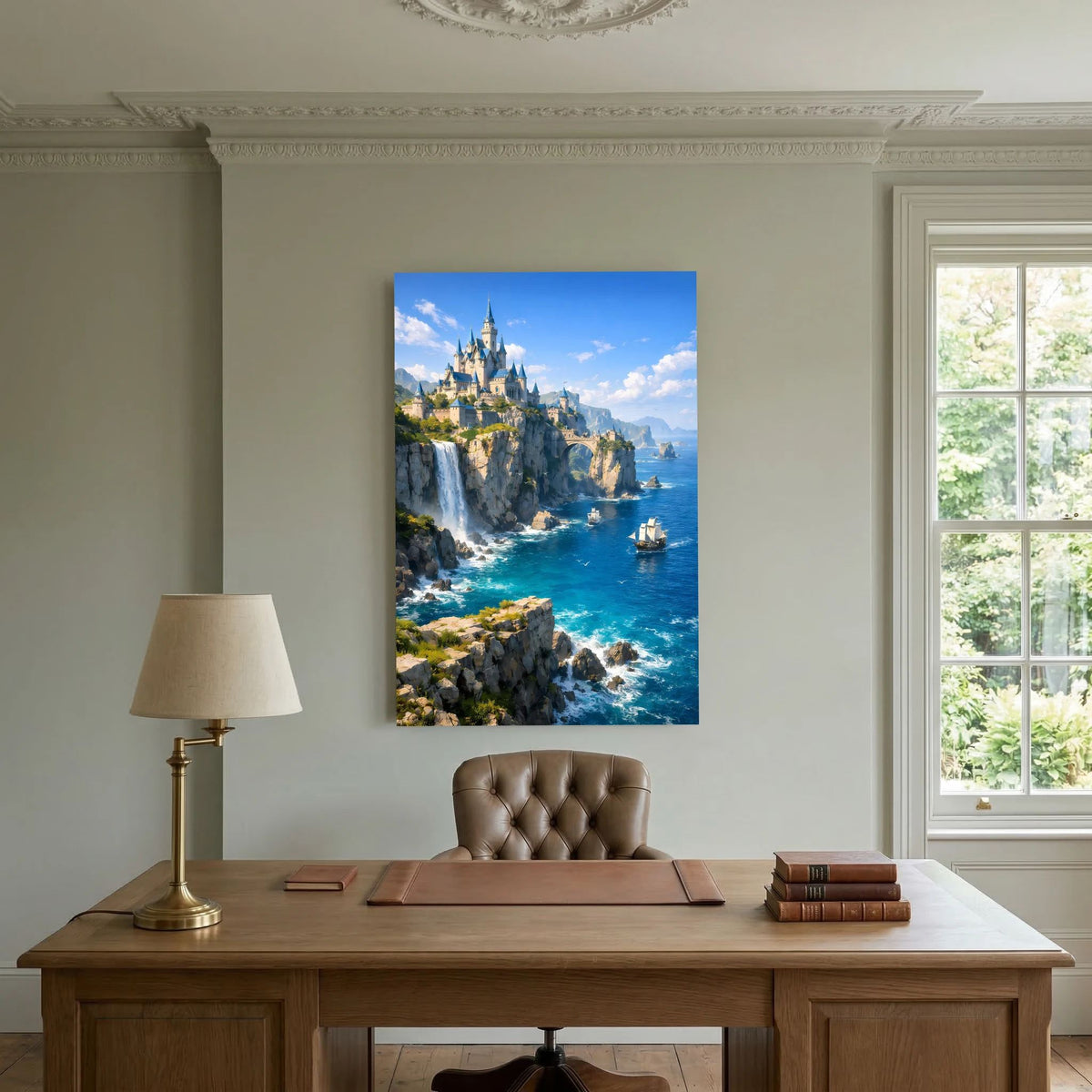 Wandposter mit blauem Rand: Küstenschloss über Wellen, Schiffe auf dem Wasser