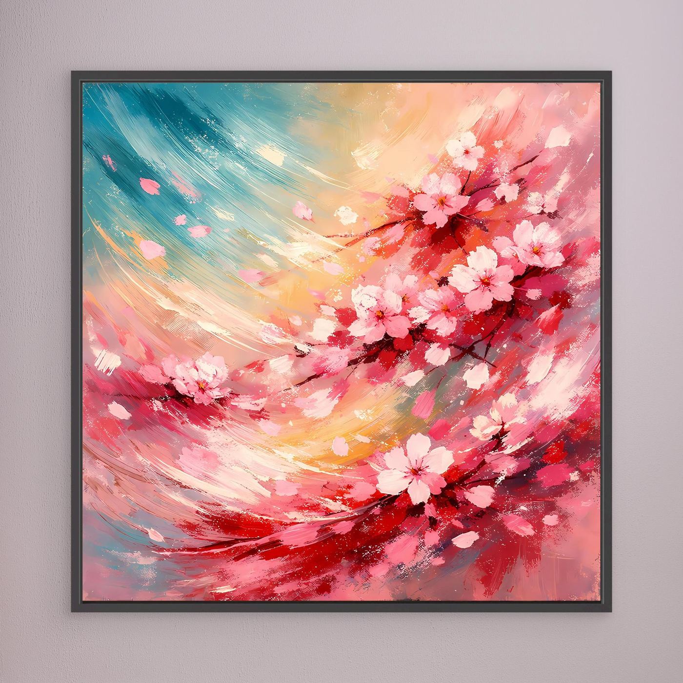 Leinwandbild mit abstrakten Kirschblüten in Pink, Gelb und Blau, schwarz gerahmt