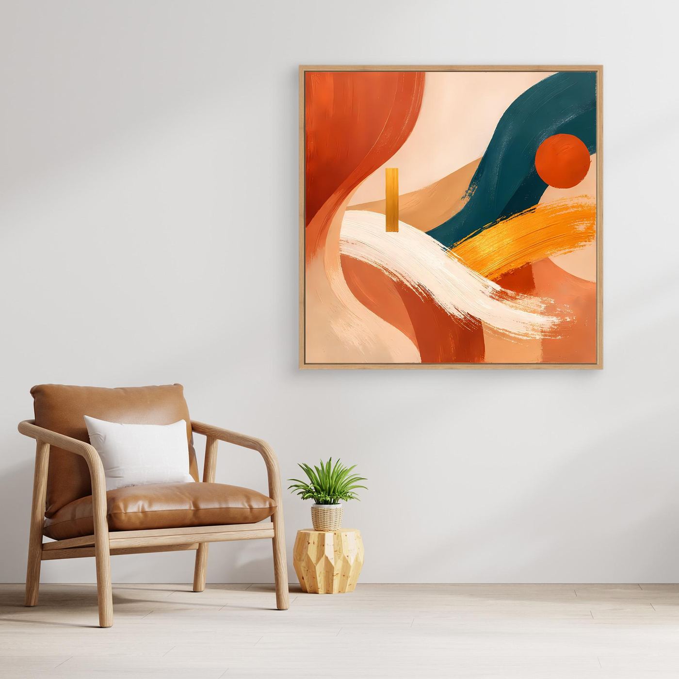 Abstraktes Boho-Leinwandbild ohne Rahmen, Terracotta- und Petrolfarben mit rotem Kreis