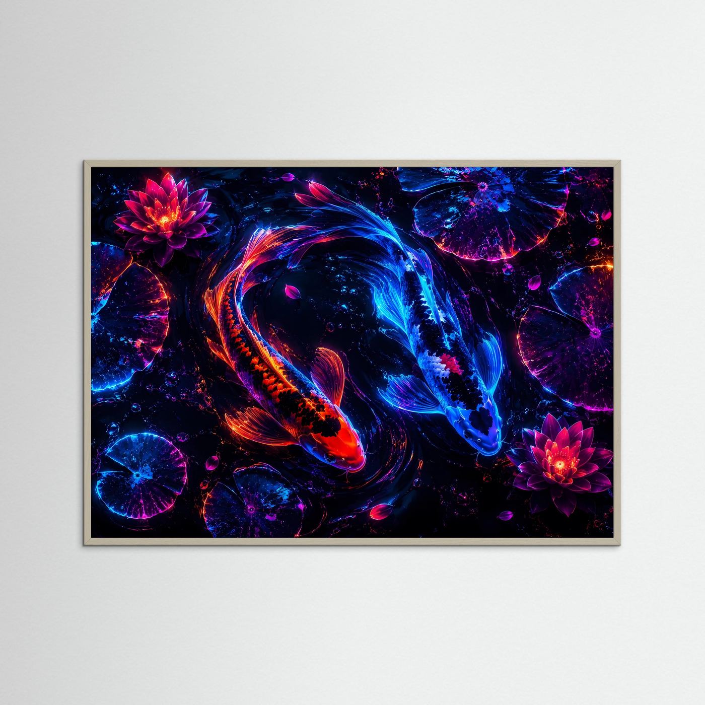 Neon Koi Yin Yang | Futuristisches Lotus-Wandbild in Blau, Pink & Orange