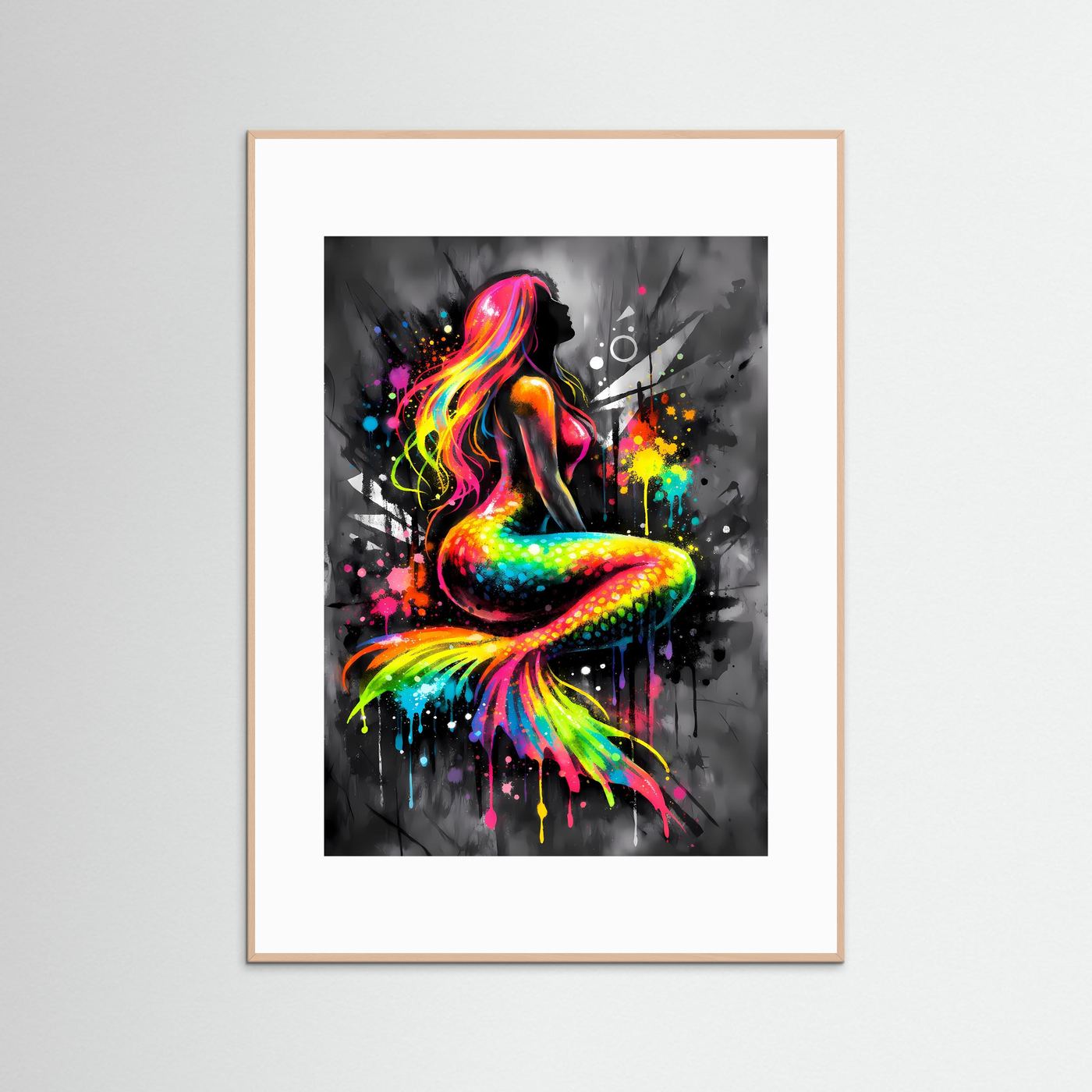 Magie der Meere | Abstraktes Meerjungfrauen Poster in leuchtenden Regenbogenfarben | Modernes Fantasy Kunstposter Hochformat