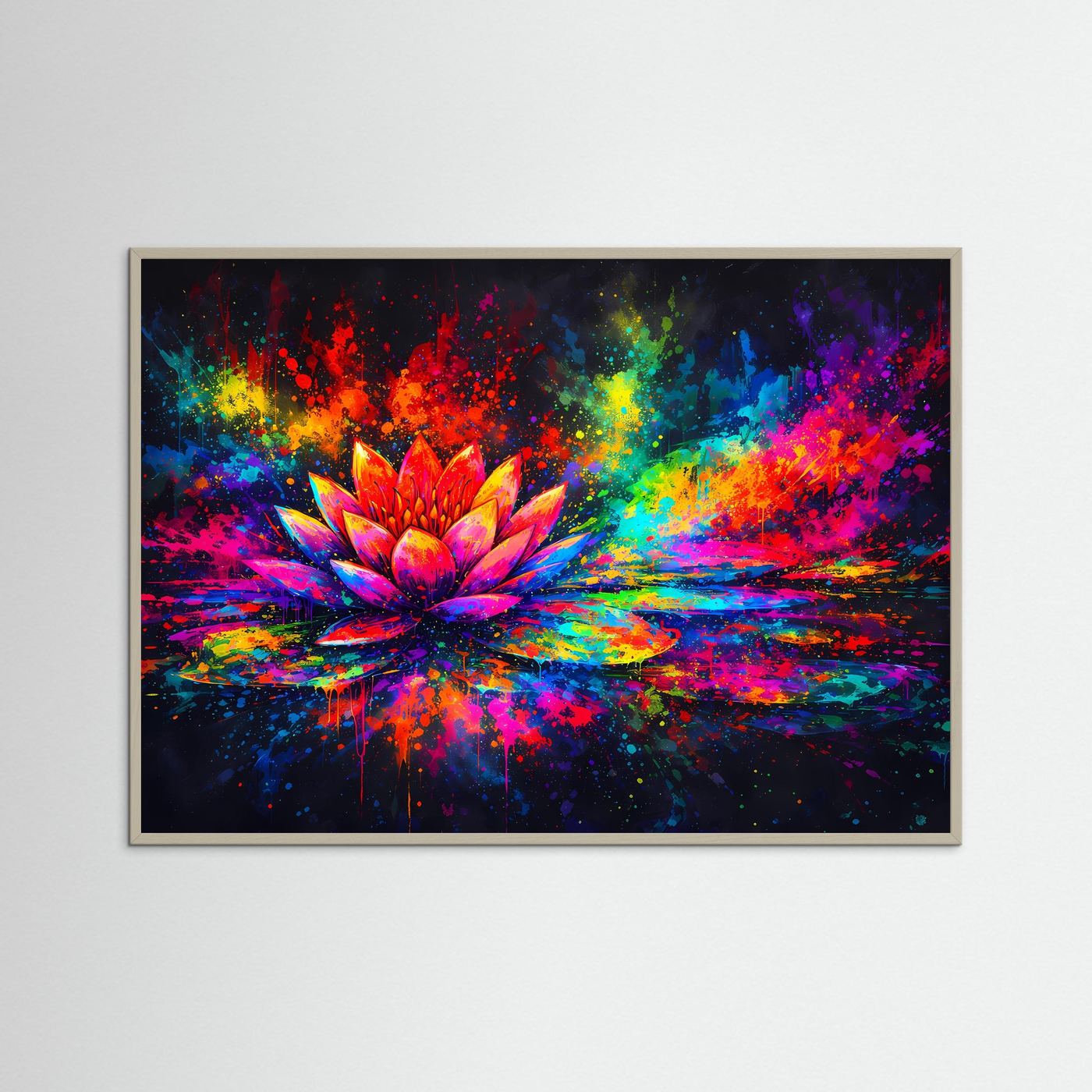 Kunstposter mit Lotusblüte im Graffiti-Look, kräftige Farben und Farbspritzer, grauer Rahmen
