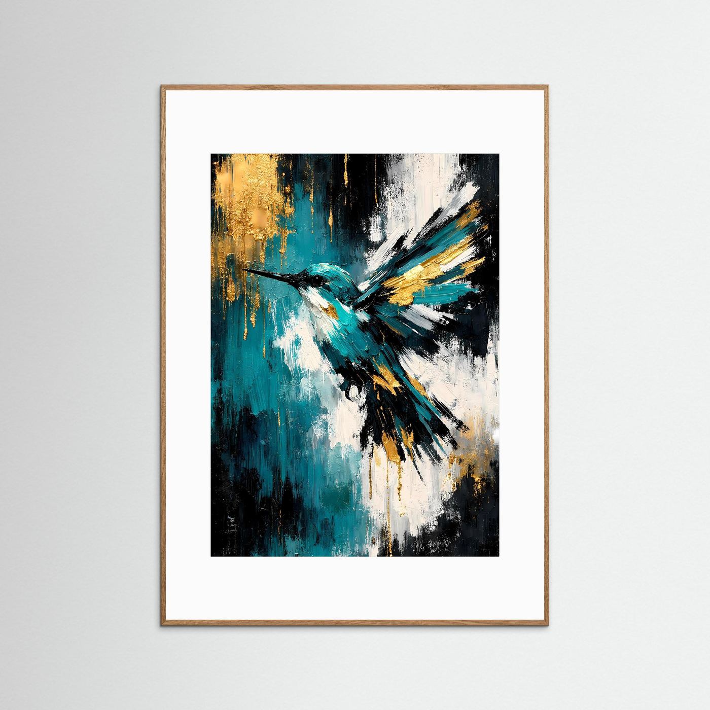Kunstposter mit abstraktem Eisvogel-Motiv, türkis-schwarz-gold, im rötlich-braunen Rahmen