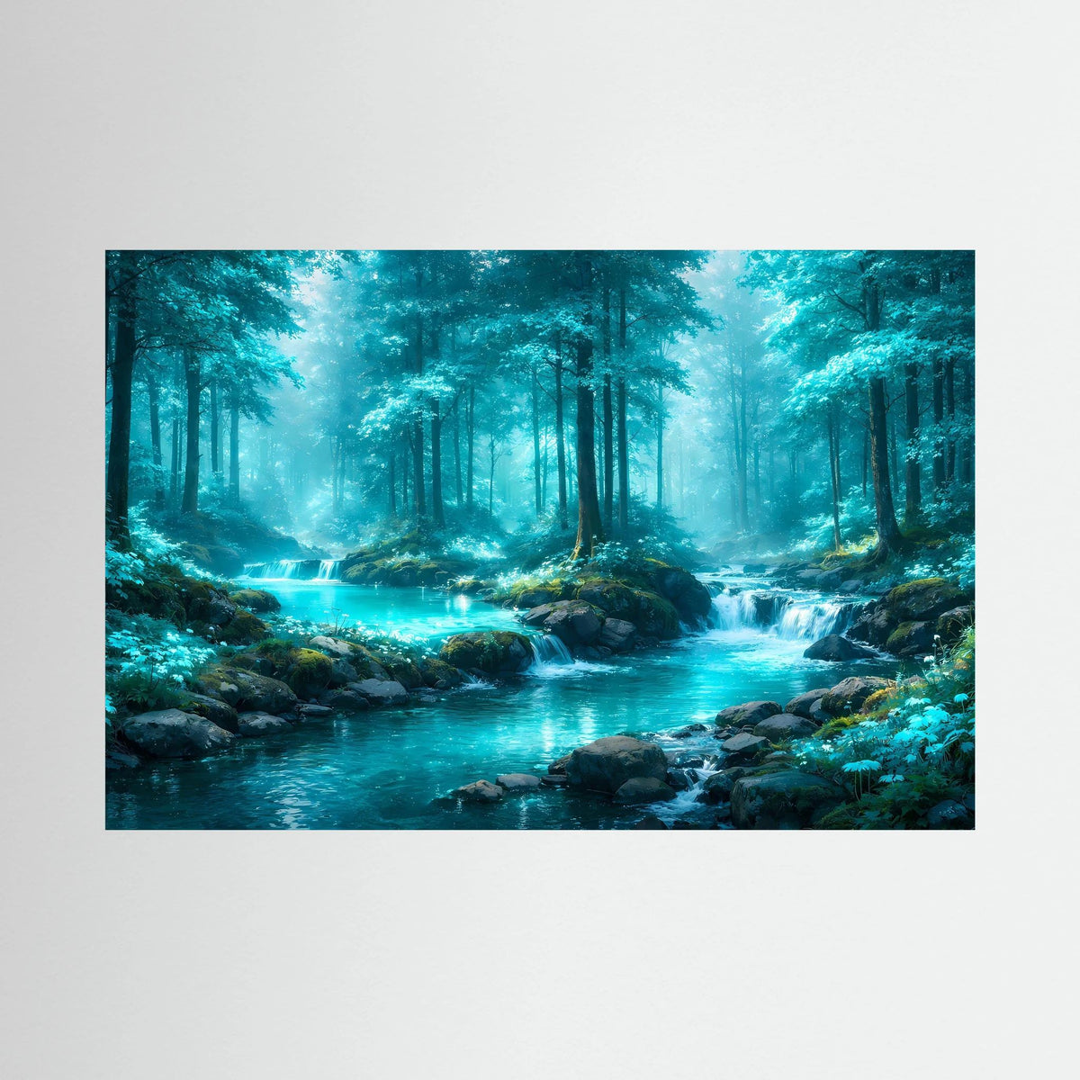 Wandbild mit türkisfarbenem Fluss im grünen Wald, querformatig