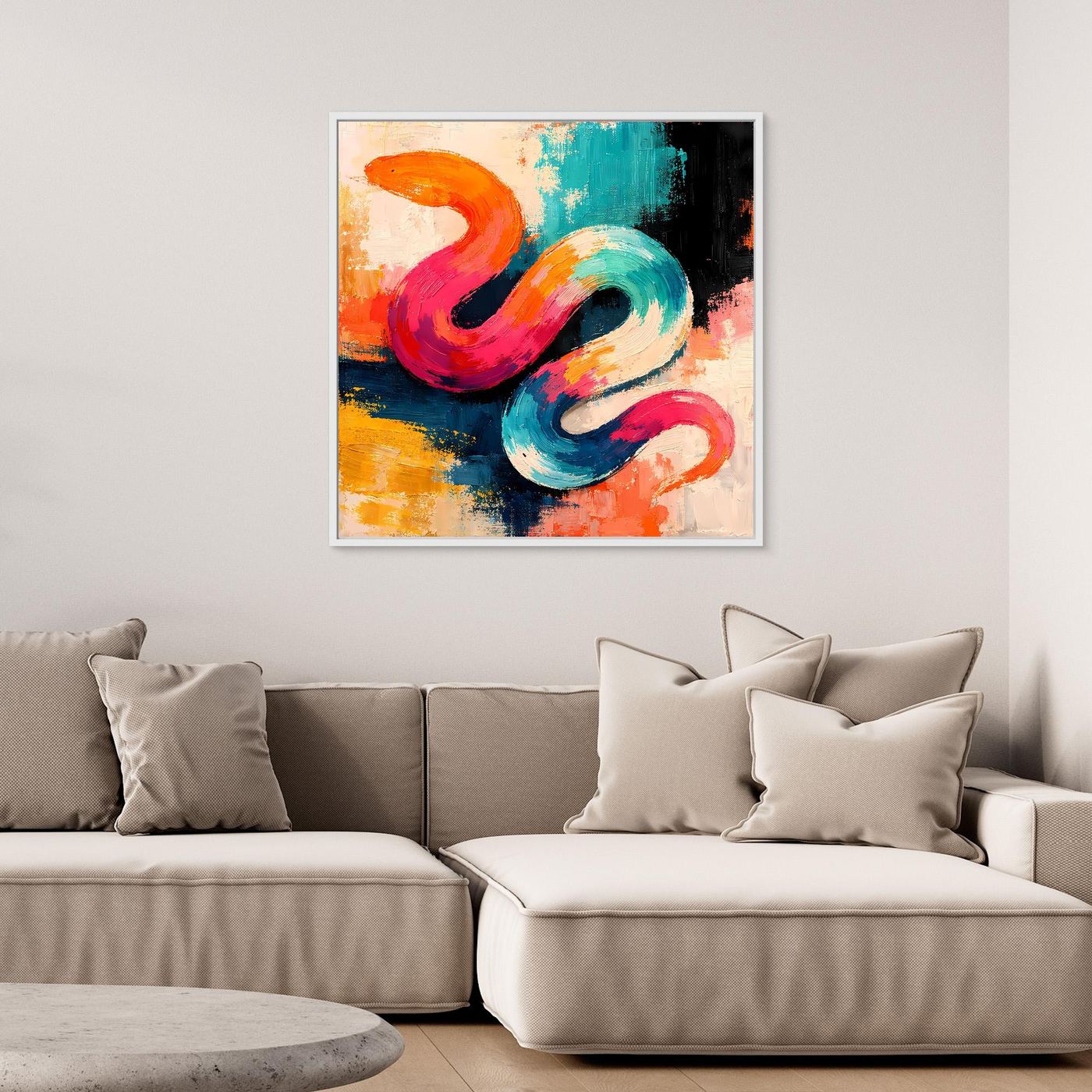 Leinwand-Wandbild mit abstrakter Schlange im Pop-Art-Stil, bunte Farbbahnen