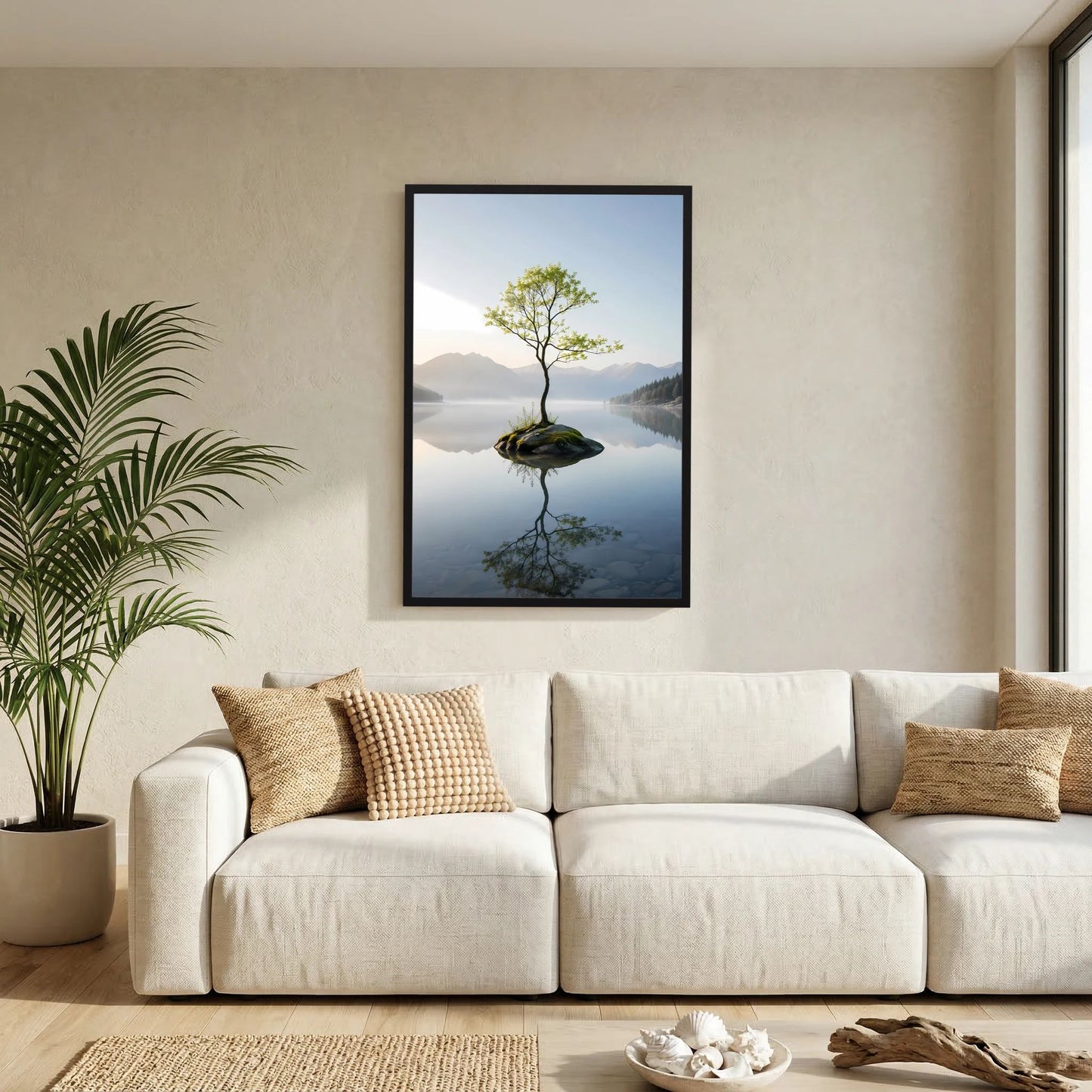 Hochformat-Poster mit schwarzem Rahmen und weißem Rand: einsamer Baum im Bergsee