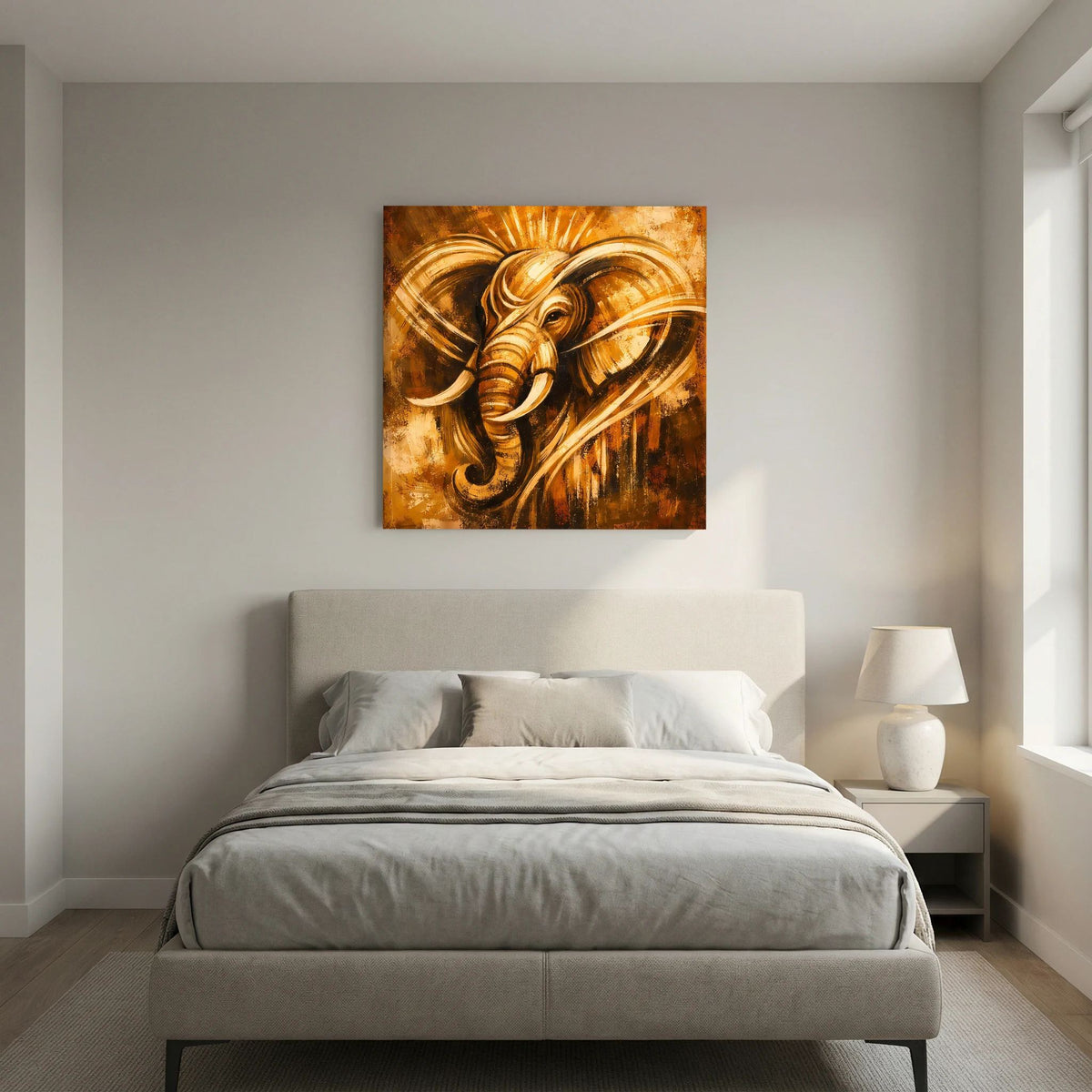 Kleines Abstraktbild auf Leinwand: Elefantenkopf im Ganesha-Stil, goldbraune Lichtschleifen