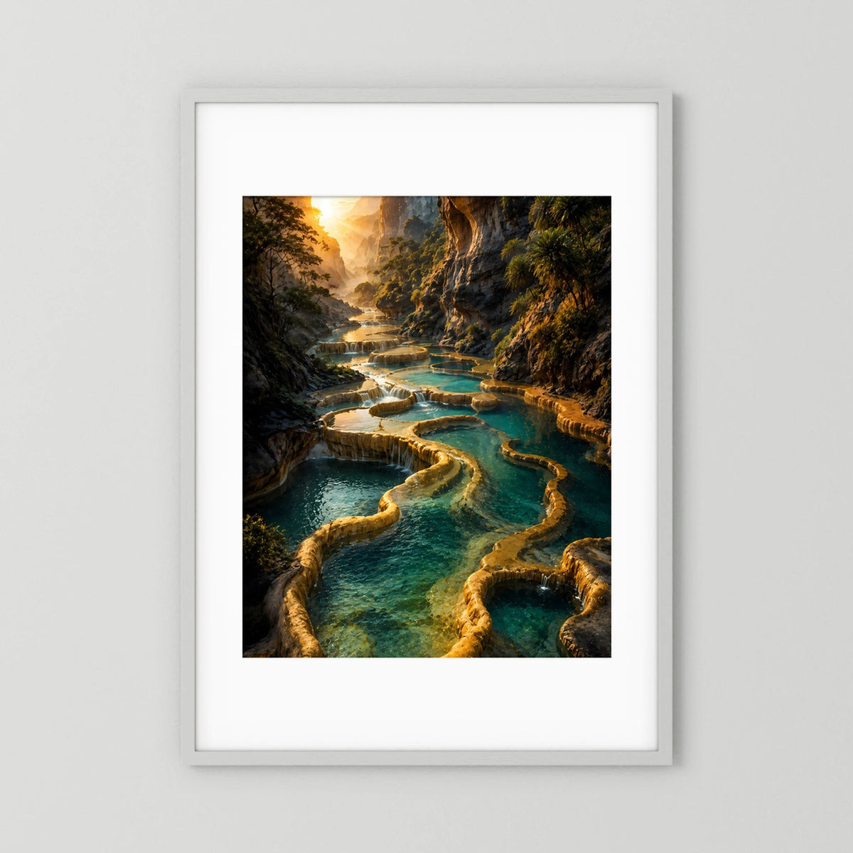 Poster im Hochformat mit weißem Rahmen und weißem Passepartout: türkisfarbene Wasserterrassen.