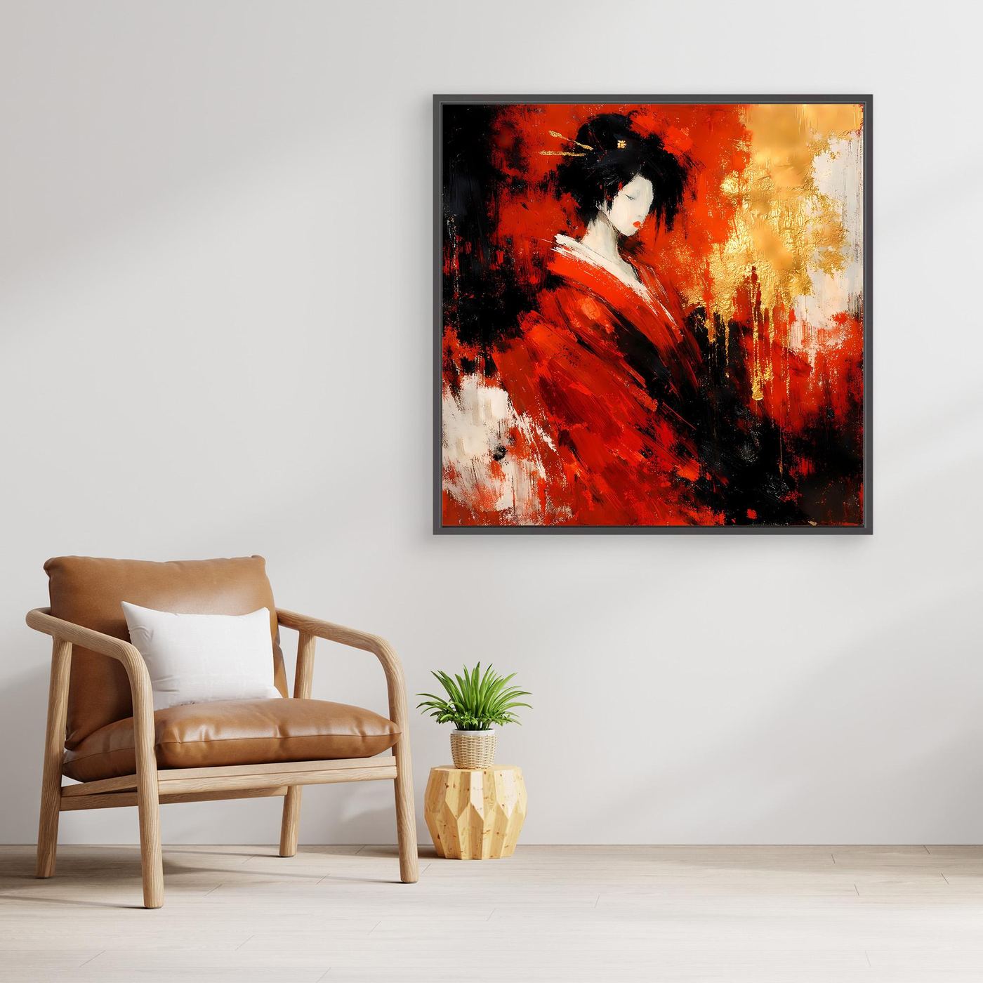 Leinwand Elegante Geisha im Roten Kimono | Abstraktes Asiatisches Wandbild Moderne Kunst