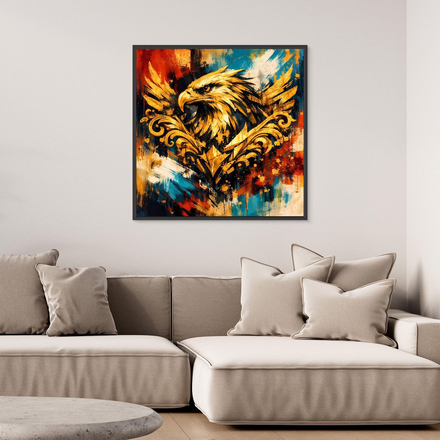 Wandbild mit goldener Adlergrafik und barocken Ornamenten, abstrakte Leinwand, schwarzer Rahmen