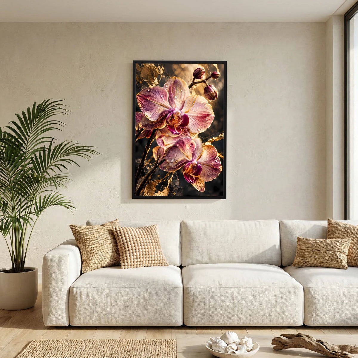 Framed Poster: Hochformatige rosa Orchideenblüten mit Wassertropfen im schwarzen Rahmen