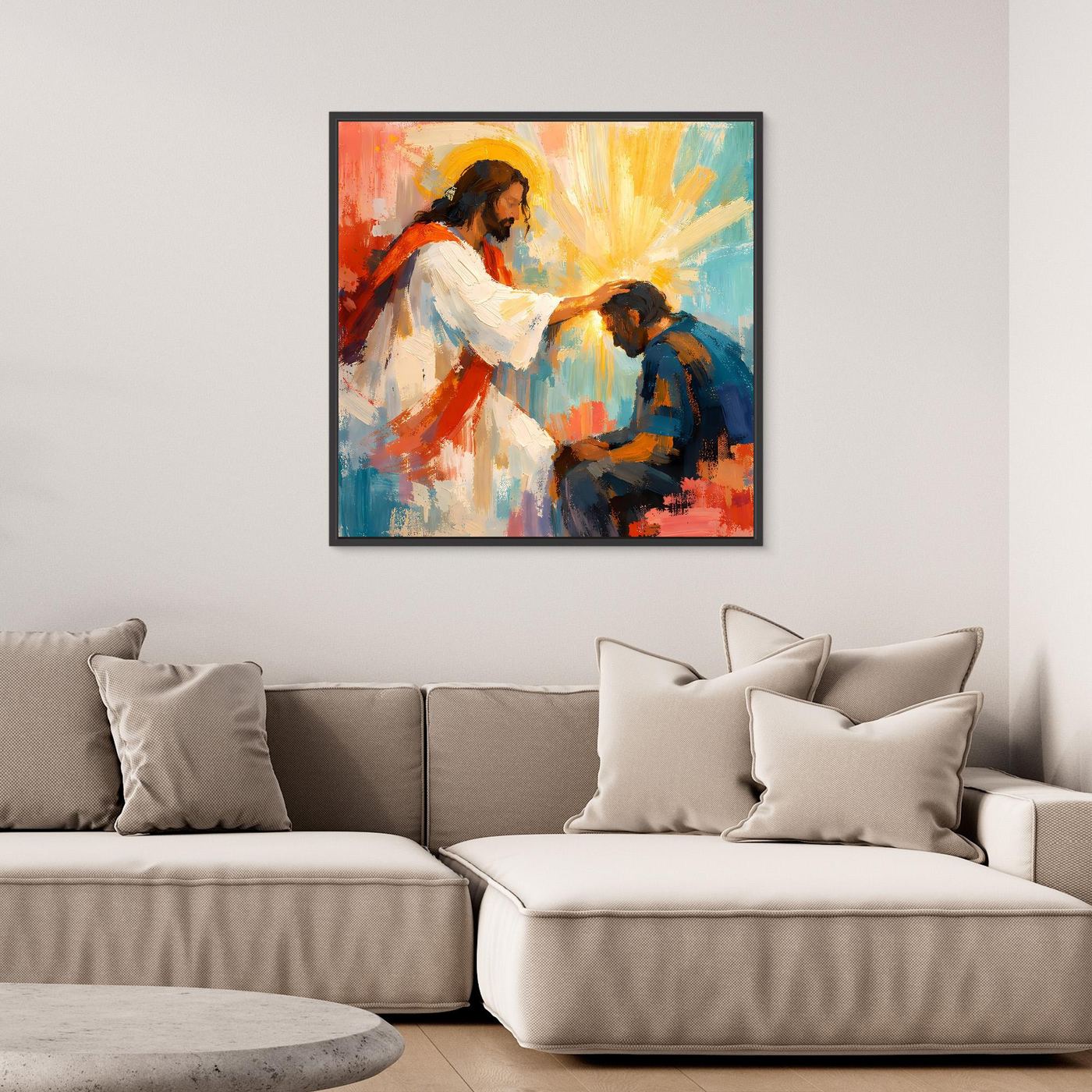 Christian canvas wall art of Jesus blessing a praying man with black frame