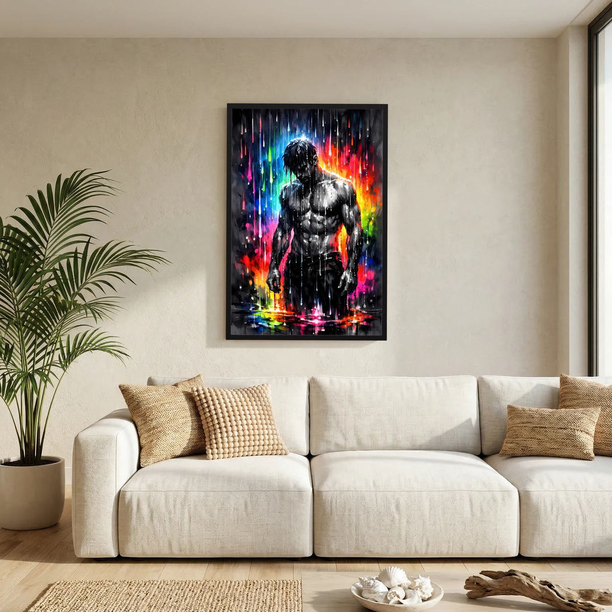 Wandbild im Hochformat: muskulöser Mann in Schwarz mit Neon-Farbspritzern, schwarzer Rahmen