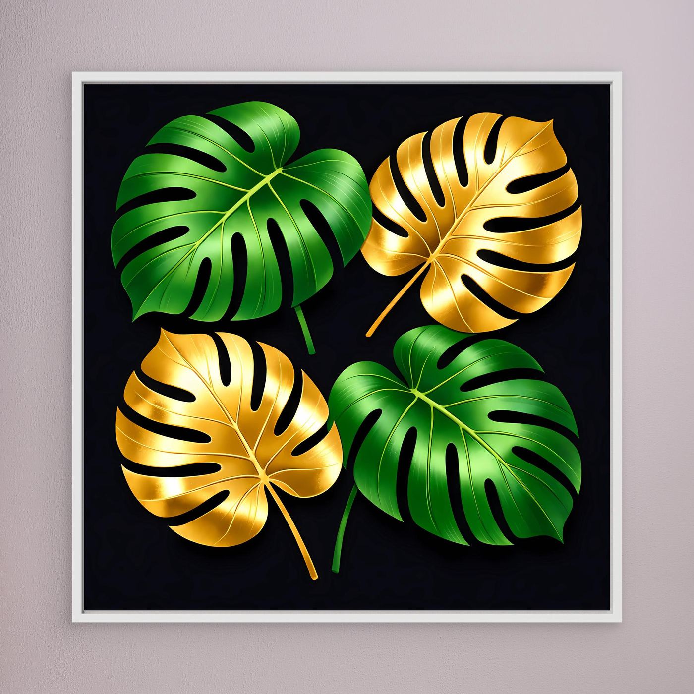 Leinwandbild mit Monstera-Blättern, grün und gold, Rahmen in Weiß