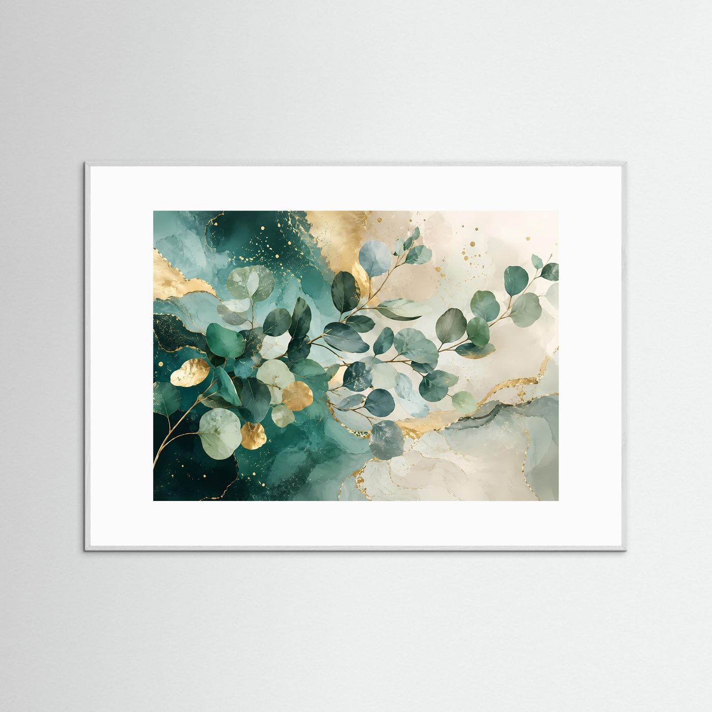Eukalyptus Blätter Poster Querformat | Abstrakte Botanische Wandkunst in Grün & Gold | Modernes Natur Wandbild