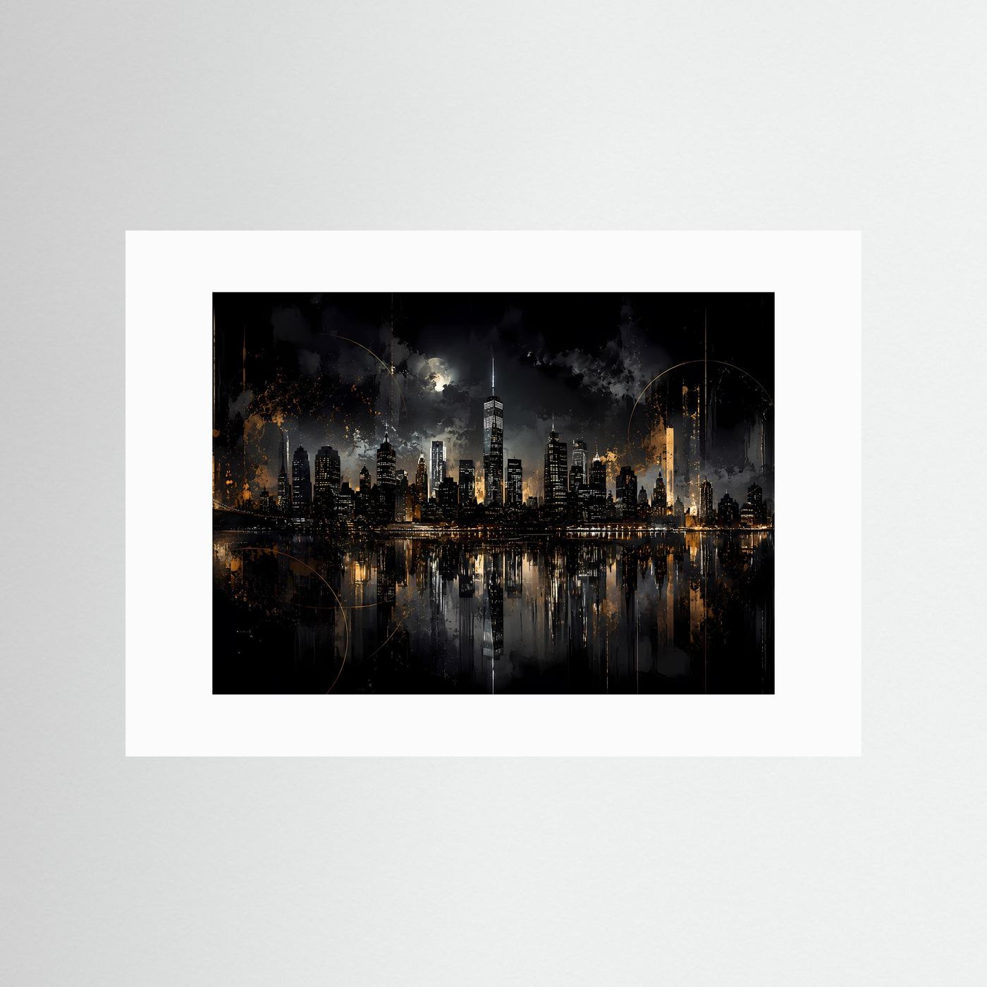 New York Skyline bei Nacht in Schwarz & Gold | Abstrakte City Wandkunst