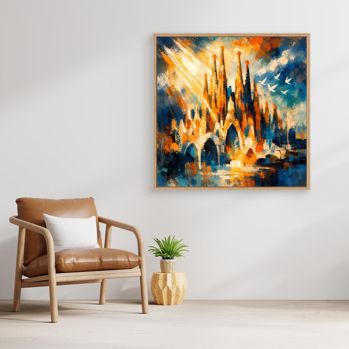 Abstraktes Leinwandbild mit goldbraunem Rahmen, Architekturmotiv mit hohen Türmen in Blau-Orange.