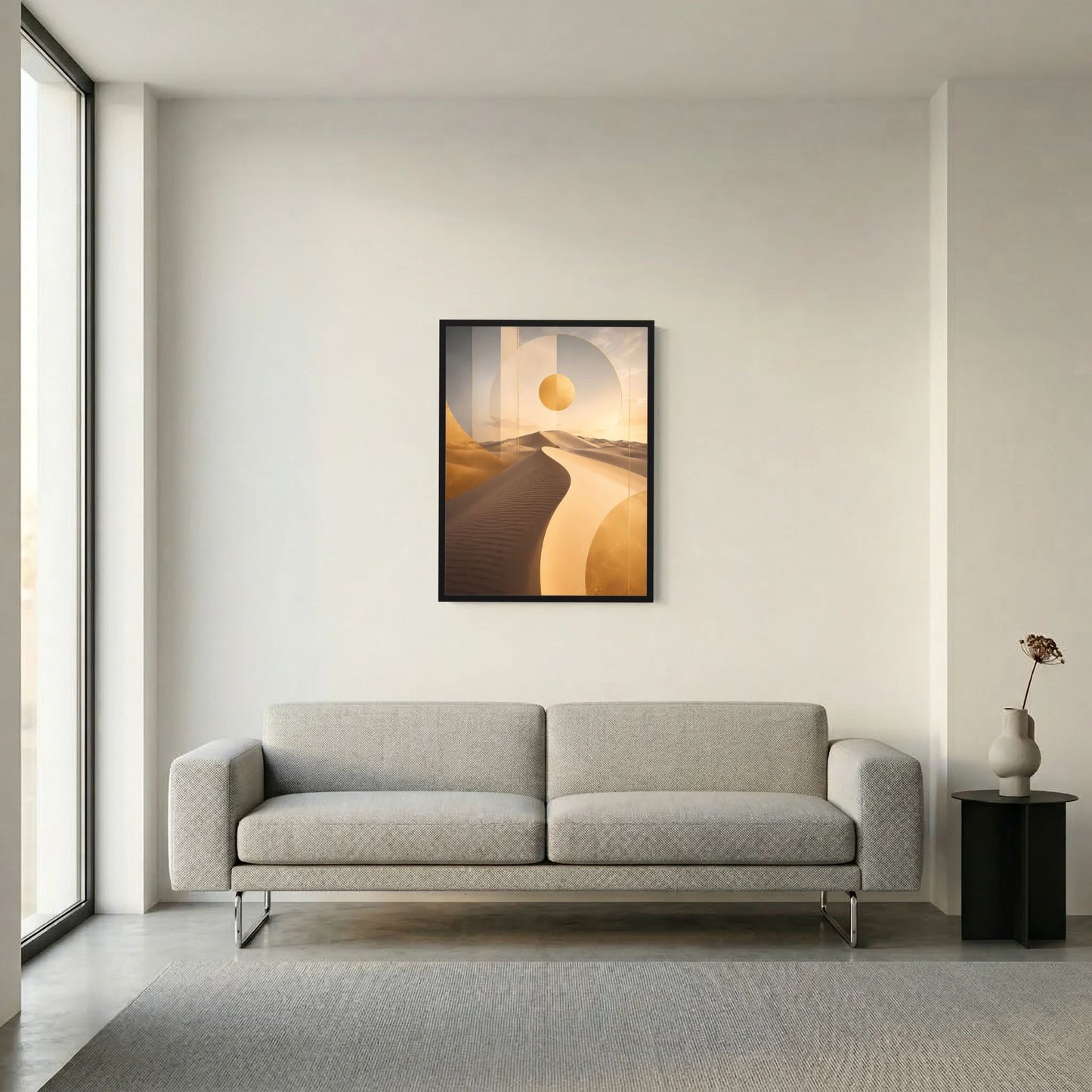 Hochformatiges Poster mit abstrakten Dünen und goldener Sonne im dunklen Rahmen