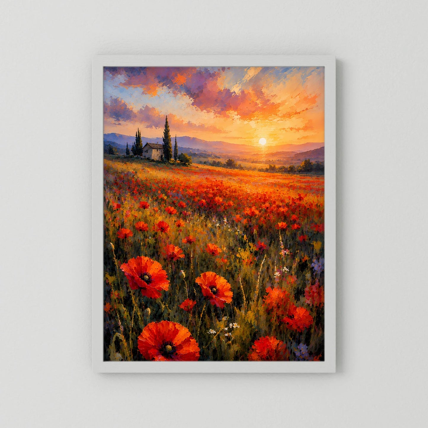 Poster im Hochformat mit weißem Rahmen, Mohnblumenfeld und orangefarbene Abendsonne