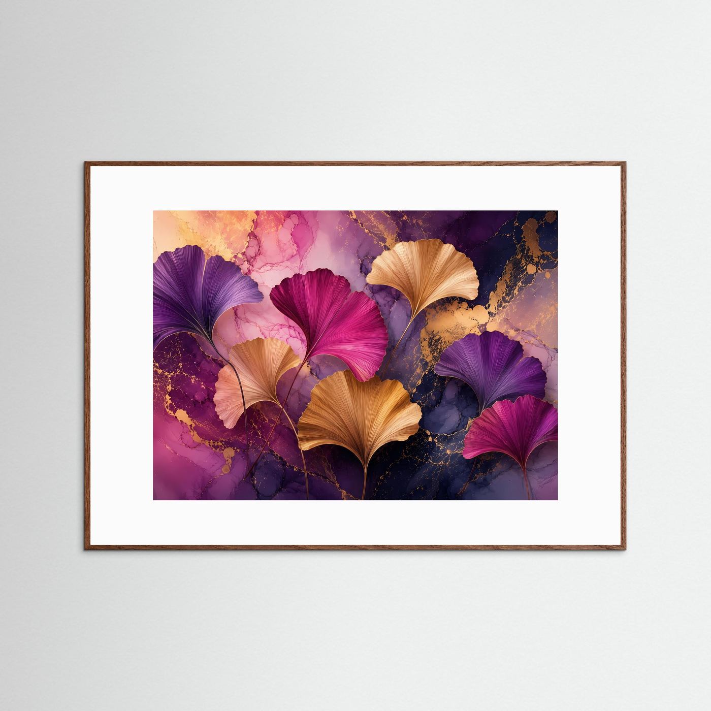 Ginkgo-Blätter in Gold, Violett & Magenta | Abstrakte botanische Wandkunst