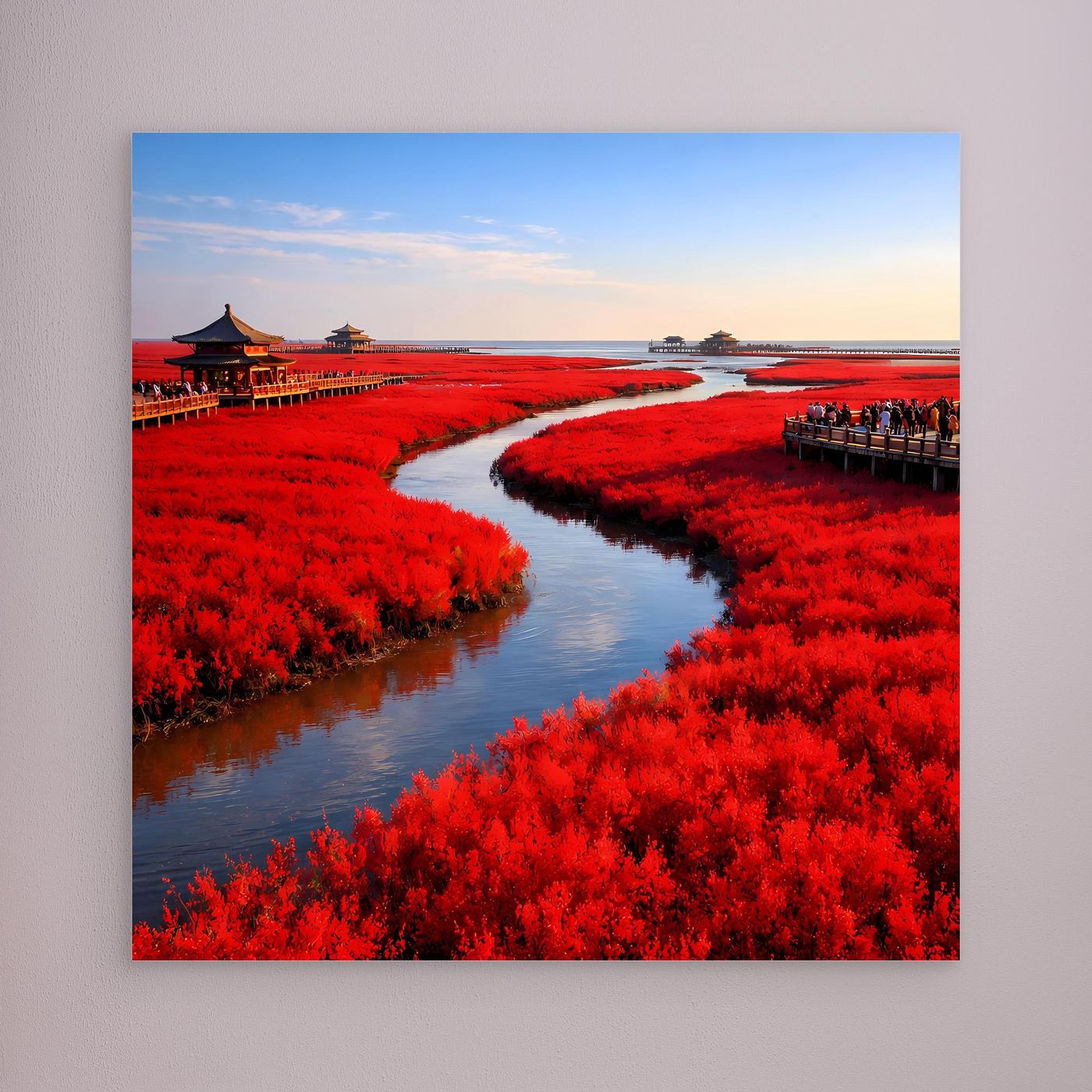 Leinwandbild mit Landschaftsmotiv: roter Pflanzenstreifen und Fluss, ohne sichtbaren Rahmen
