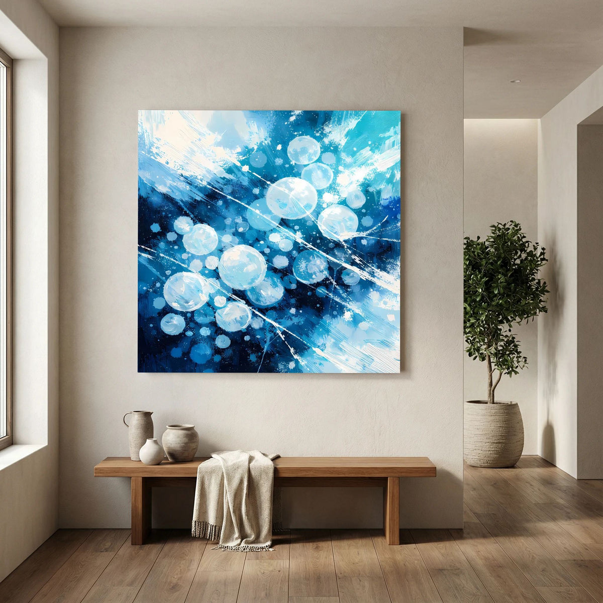 Abstraktes Wandbild: blaue Eisbläschen, helle Kreise und feine Sprühpunkte