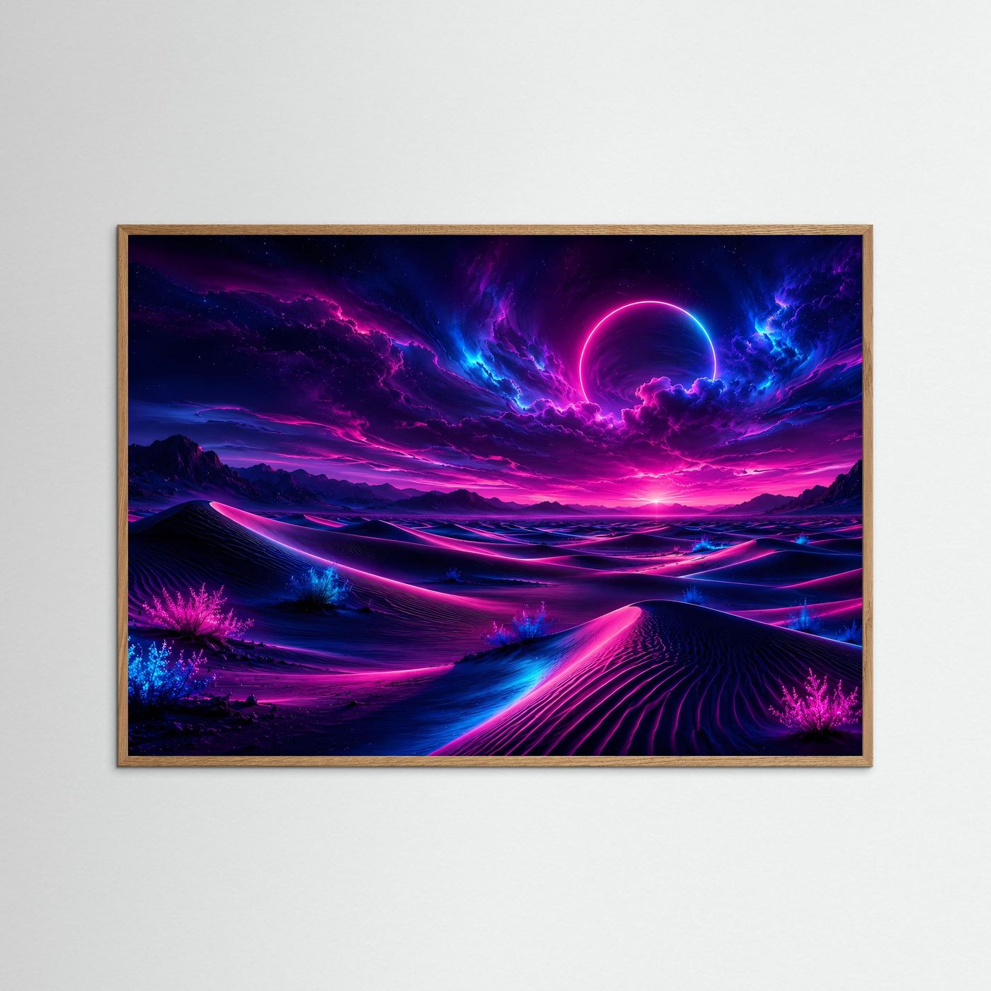 Neon Wüste Poster Querformat | Futuristische Landschaft in Pink & Blau | Cyberpunk Sci-Fi Wandbild