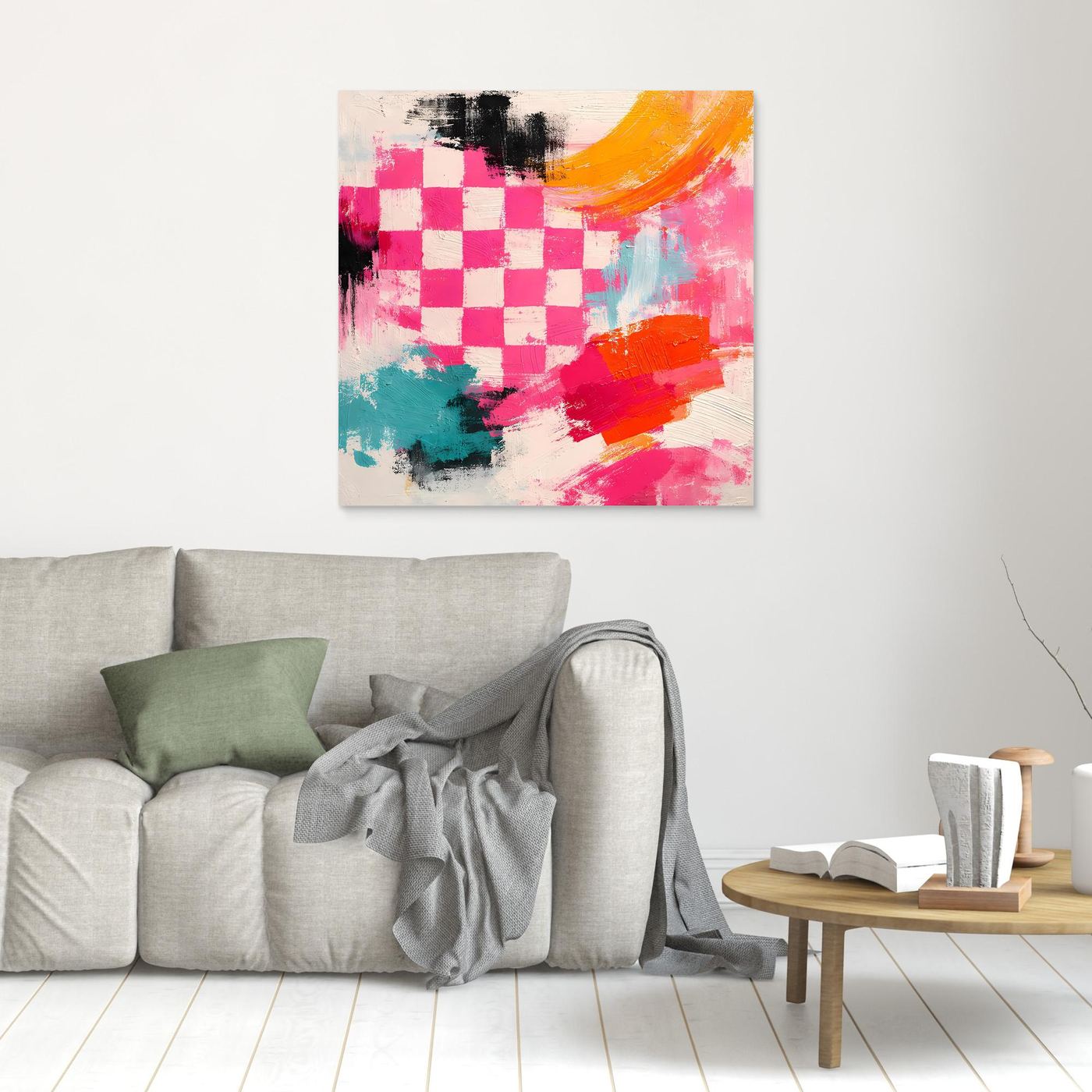 Abstraktes Leinwand-Wandbild mit Schachbrettmuster, pink-gelb-grün, hellbraun gerahmt.