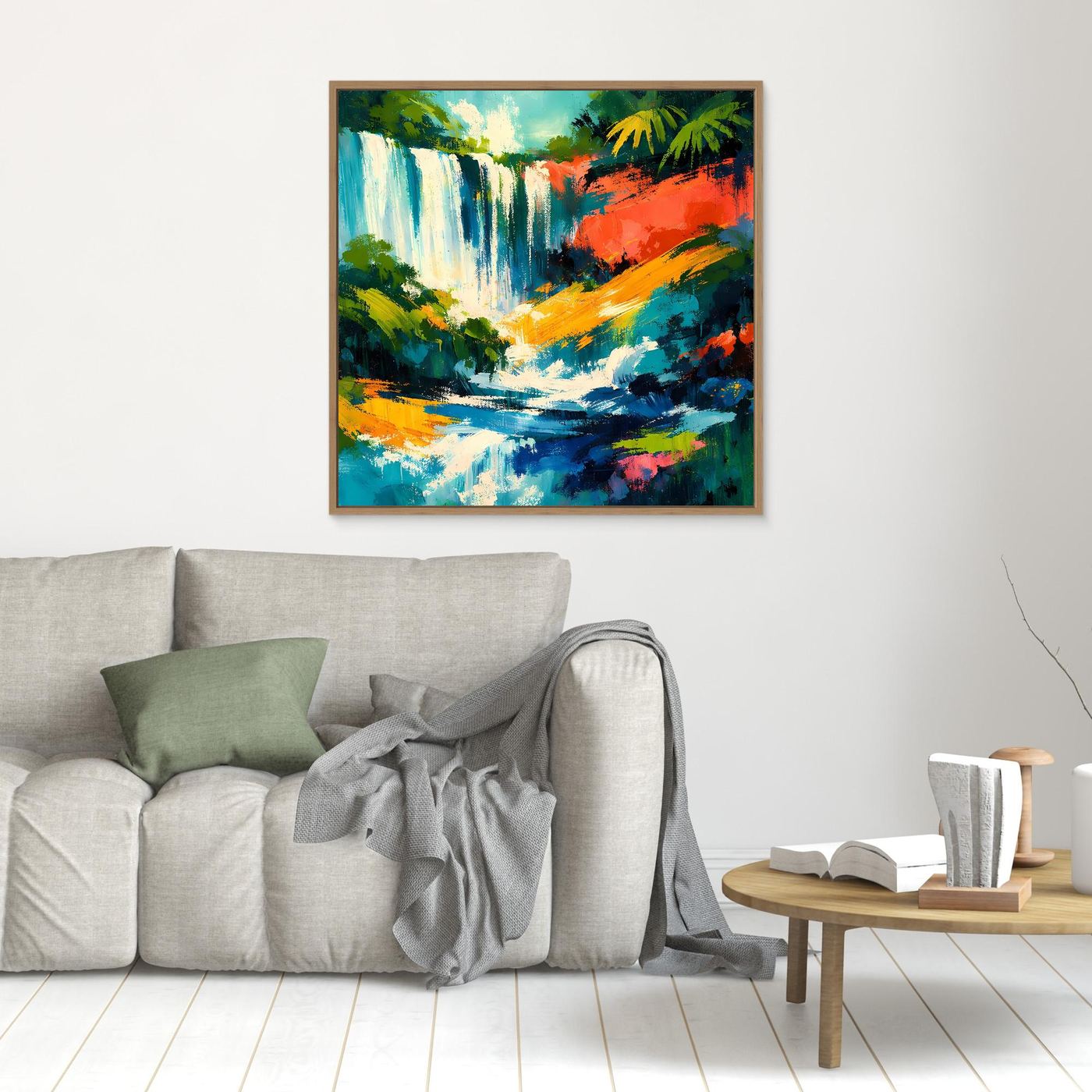 Kleines quadratisches Leinwand-Wandbild mit abstraktem Wasserfall, Tropenfarben, heller Holzrahmen