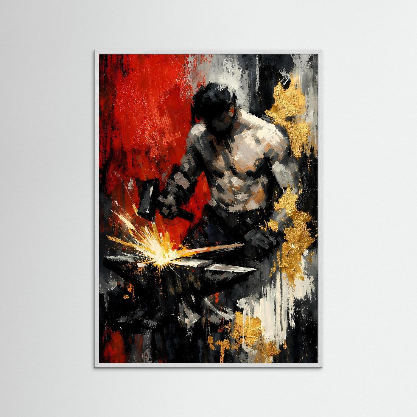 Abstraktes Schmiedekunst-Poster im Hochformat, Figurmotiv, mit weißem Holzrahmen