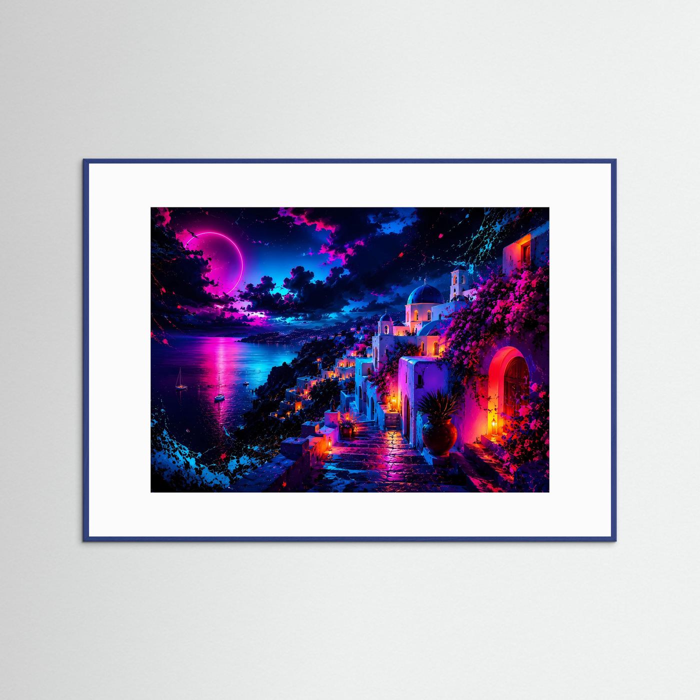 Santorini bei Nacht in Neonfarben | Abstraktes Griechenland Panorama Poster Querformat in Pink, Blau & Violett
