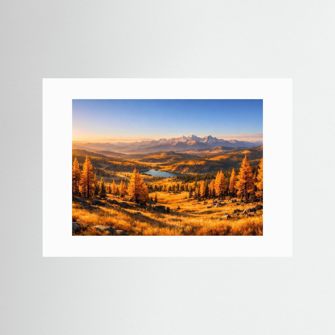 Wandbild Bergtal im Herbst mit goldenen Wäldern und Fluss, weißes Passepartout