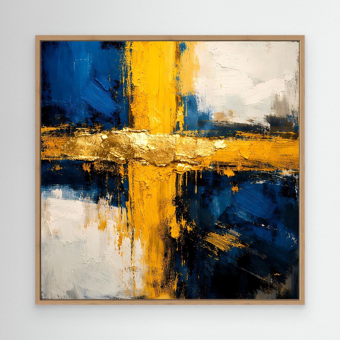 Abstraktes Leinwandbild mit blau-gelben Pinselstrichen und goldenen Akzenten, Holzrahmen