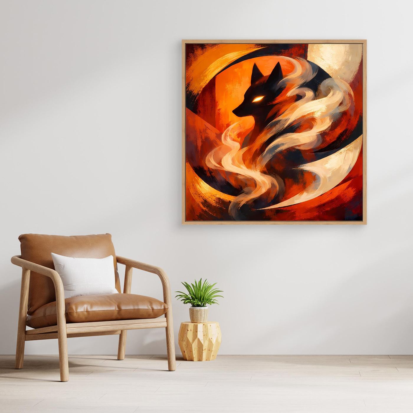 Leinwand-Wandbild mit hellem Holzrahmen: Wolfskopf im Flammenwirbel, warmes Orange