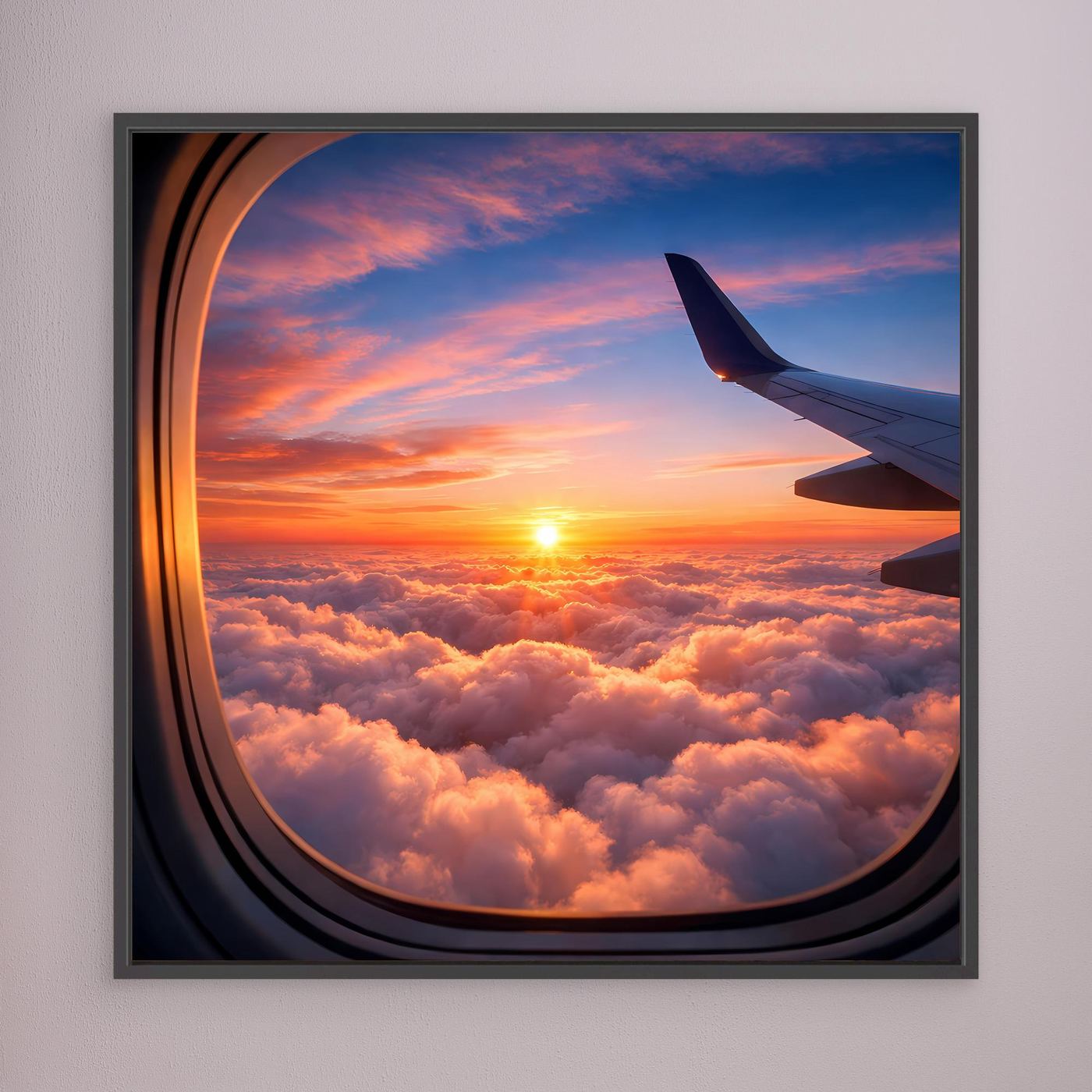 Leinwandbild mit Flugzeugfensterblick und Sonnenuntergang über Wolken, dunkelgrauer Rahmen