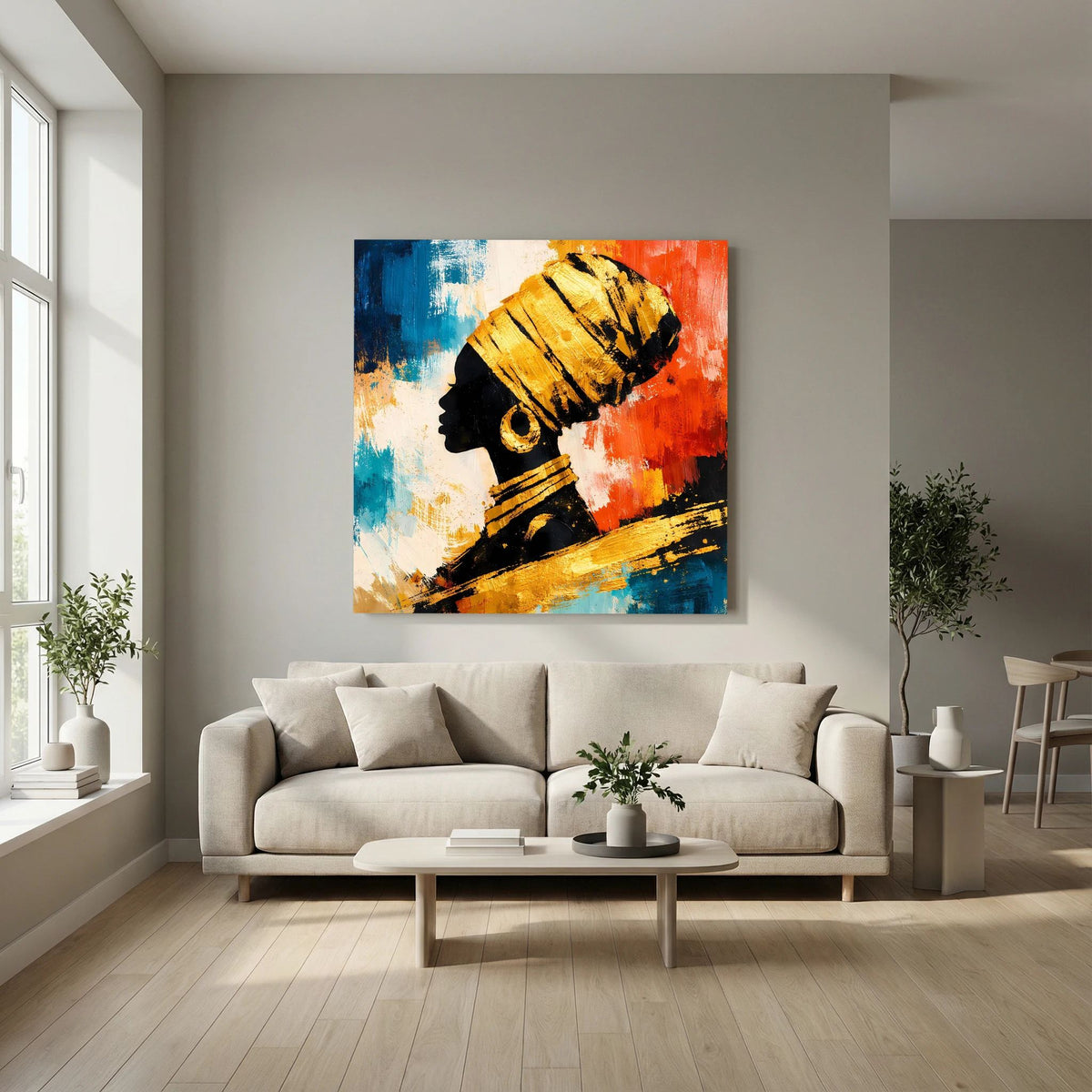 Leinwand-Wandbild im Wohnraum: abstraktes Kopfprofil in Blau, Rot und Gold über Sofa